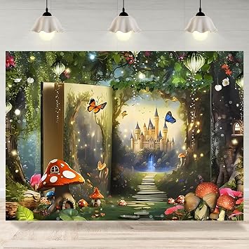 5x4ft Enchanted Forest Backdrop Fairy Tale Books Magic Castle Wonderland Photography Background Kids Birthday Party Cake Table Decoration Banner Photo Booth Props