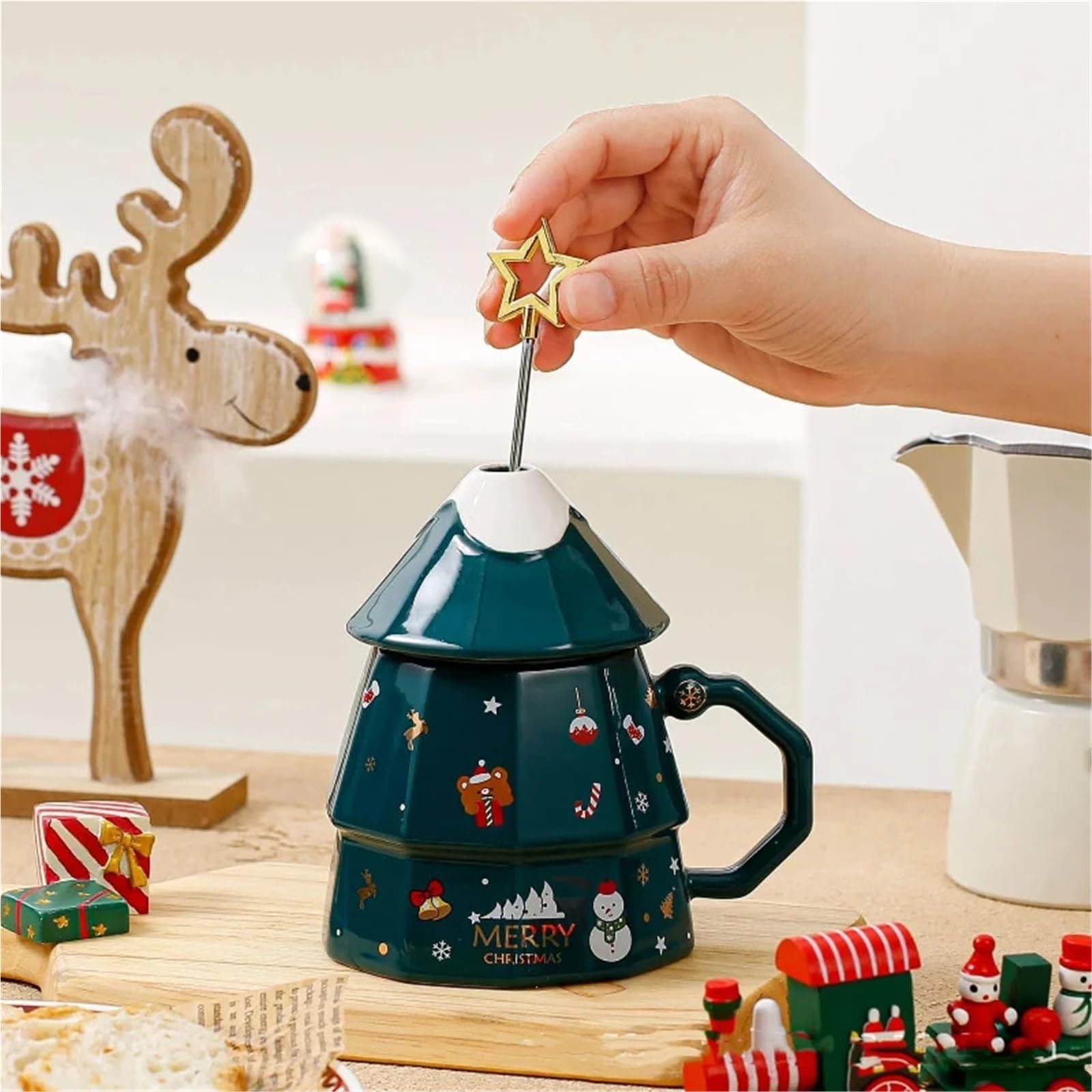 Taza de Navidad de 350ml, taza de café de alta capacidad con cuchara, decoración de ciervos, tapa for taza, desayuno de cerámica de dibujos animados, 2 uds. Para Boda