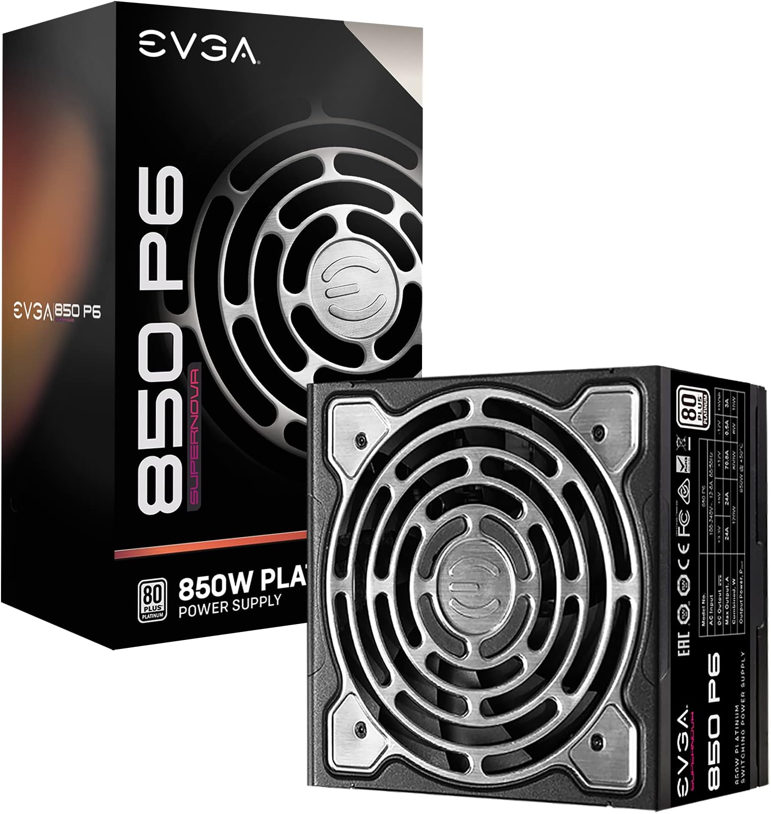 EVGA Supernova 850 P6, 80 Plus Platinum 850W, Fully Modular, Eco Mode with FDB Fan, 10 Year Warranty, Includes Power ON Self Tester, Compact 140mm Size, Power Supply 220-P6-0850-X1