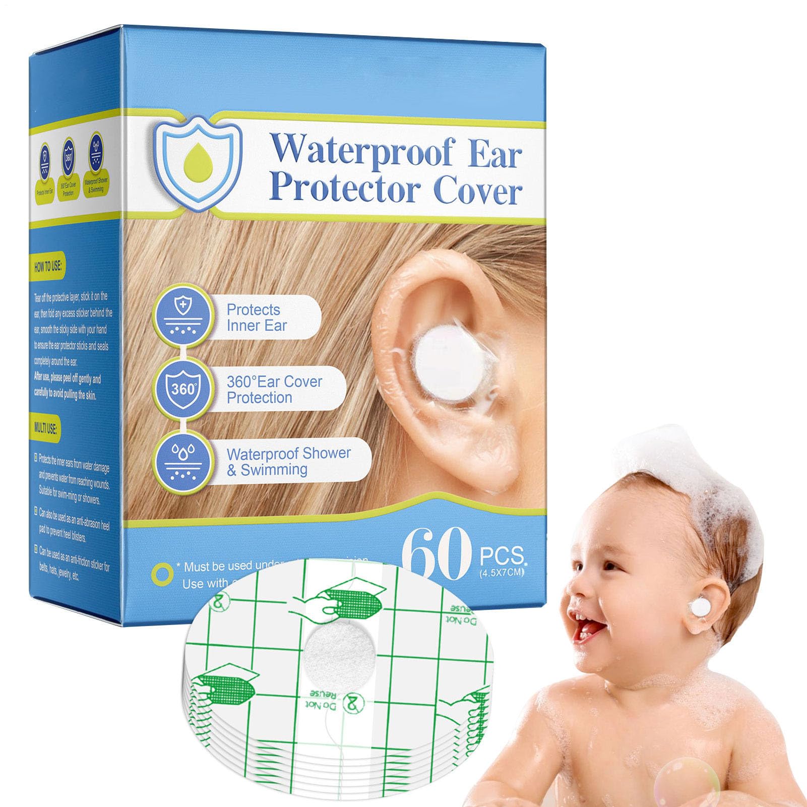 Ear Stickers for Baby Bath, Ear Covers Waterproof Baby Shower Pack of 60, Protection for Swimming Showering Bathing