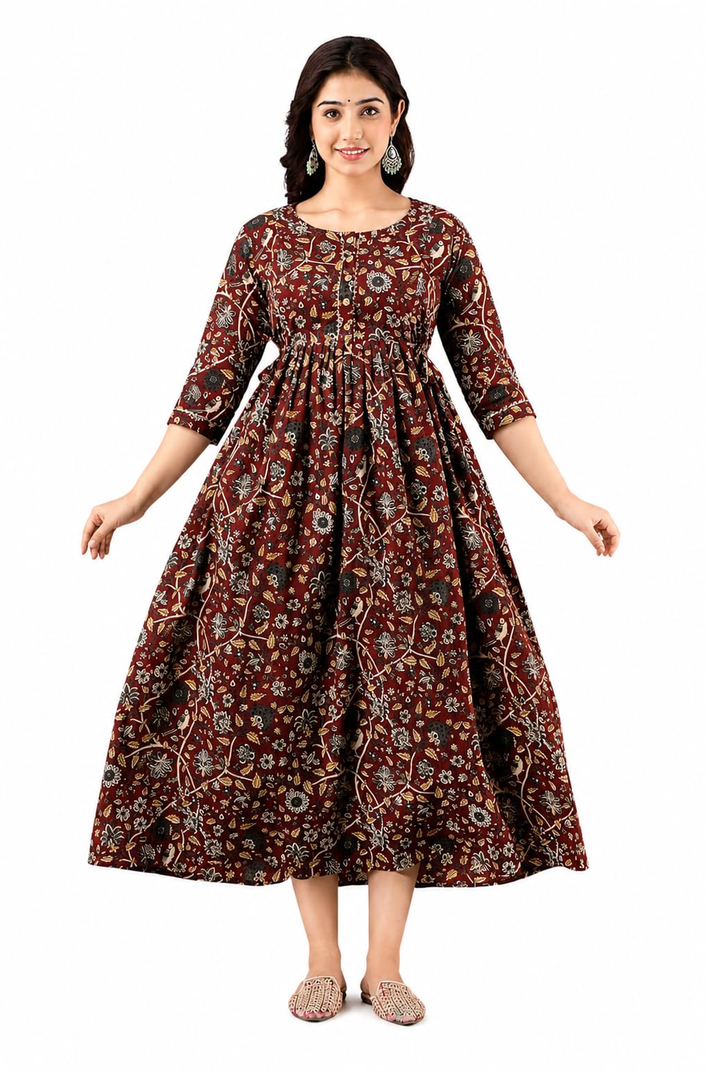 Women's Maroon Floral Printed Anarkali Maxi Dress | Round Neck 3/4 Sleeve Flared Long Dress for Women | Casual Ethnic Model MT Maroon-picture-35