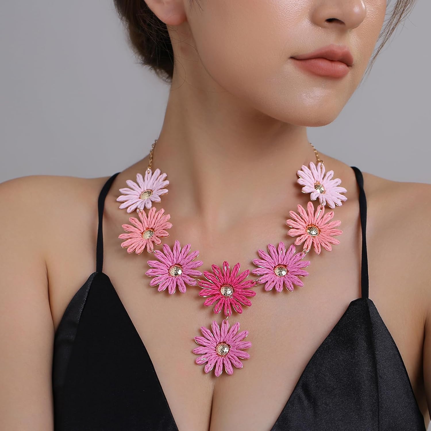 Handmade Raffia Flower Necklace for Women, Y-Shape Colorful Boho Tropical Pendant Statement Necklace - Image 2