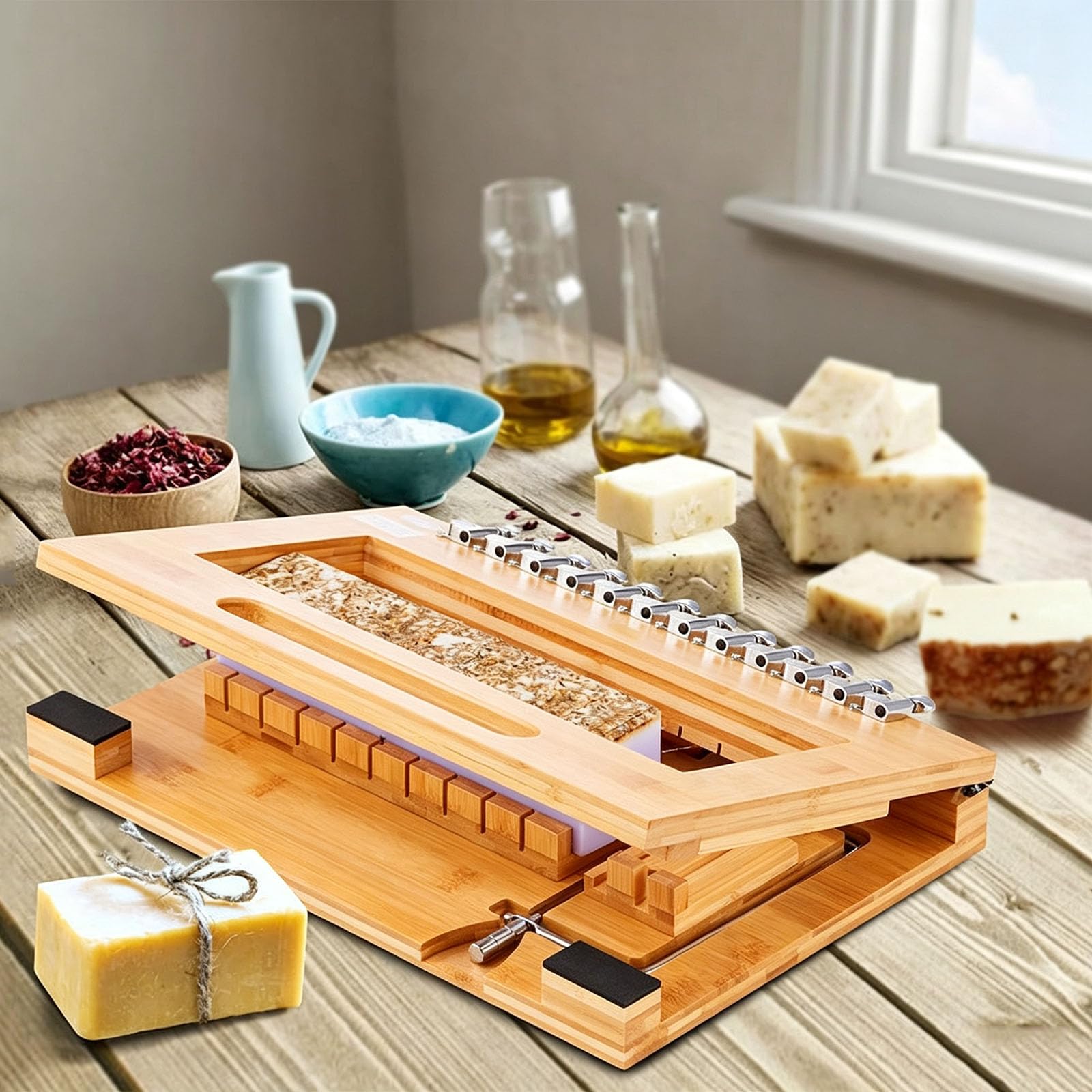 Kit De Fabrication De Savon 2 En 1, Comprenant Un Coupe-savon En Bambou Et Un Coupe-fil En Acier. Permet De Couper Des Barres De Savon De 2,5 Cm (1 Pouce). Outil Idéal Pour La Fabrication