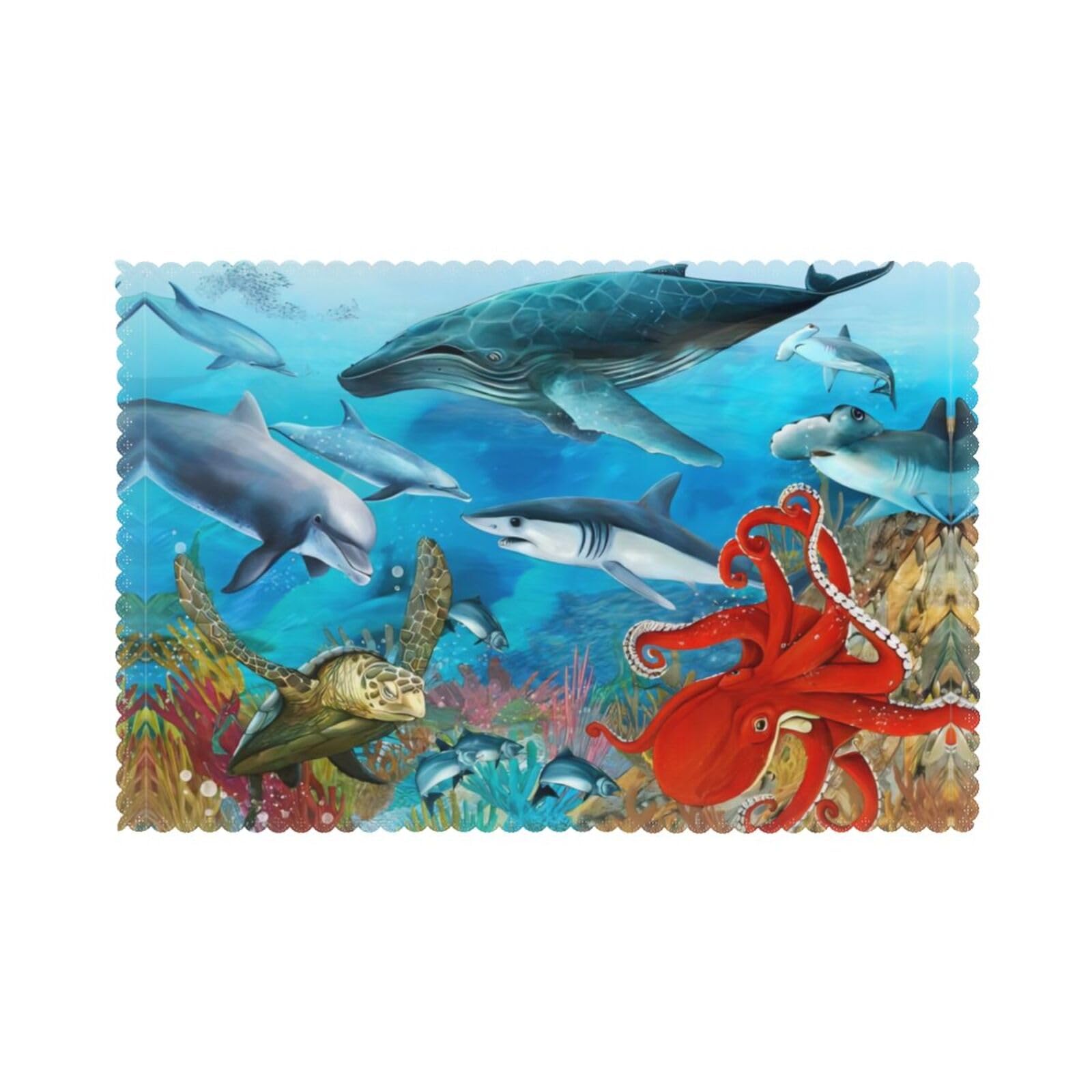 Dolphins Sea Turtle Octopus Coral Reef Printed table mat set (6 pieces) - Aesthetic upgrade for family gatherings and hotel banquets