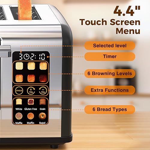 Miniatura 3 de Tostadora de pantalla táctil de 4 rebanadas, tostadora de acero inoxidable con ranuras anchas para bagels y pan, funciones de