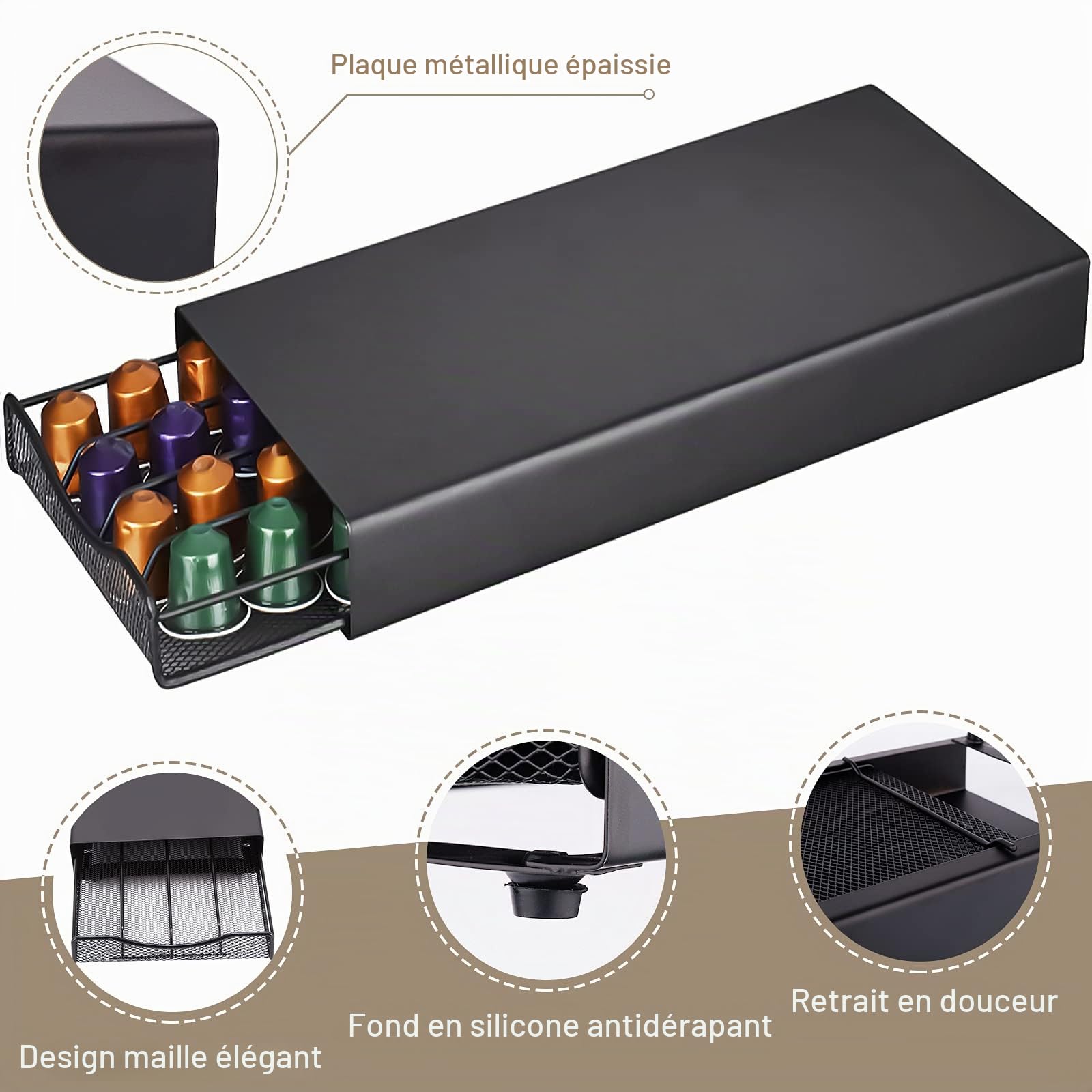 Porte Capsules Vleuexe Tiroirs à Capsules de café Organisateur Support à capsules à café 40 Pcs,Tiroir en maille de Plateau Rangement Stockag e Pour Machine à Café de Dosettes de Café