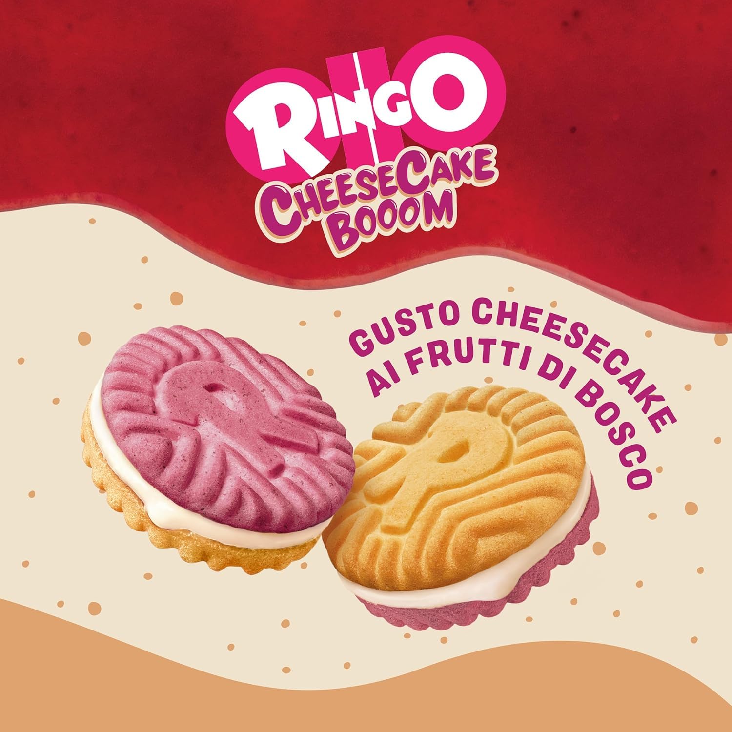Pavesi Snack Ringo Cheesecake Booom, Biscotti Farciti con Crema Dolce al Formaggio e Biscotti ai Frutti di Bosco e Malto d'Orzo, Snack per Merenda o Pausa Studio, Espositore da 42 Monoporzioni
