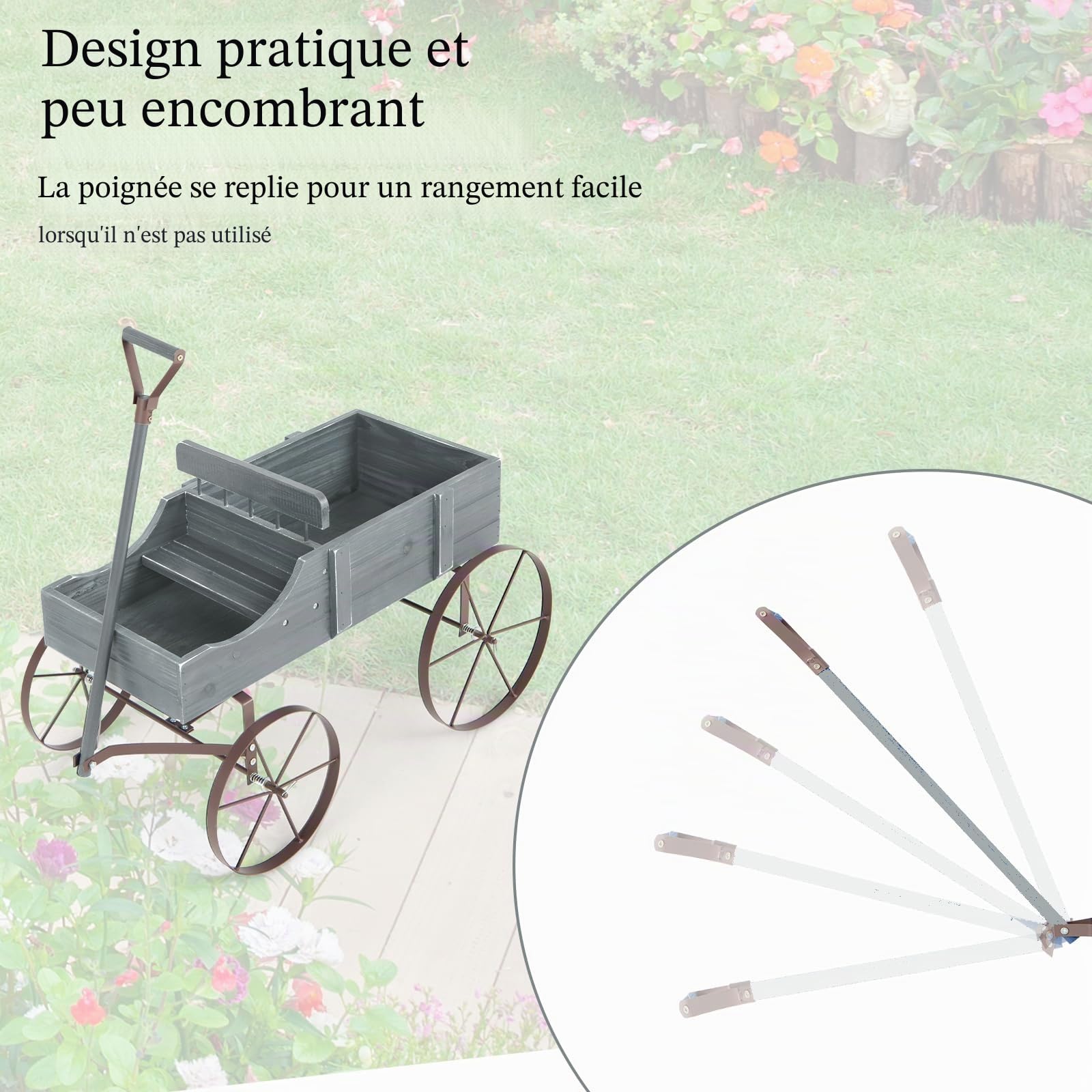 HOMASIS Brouette en Bois pour Plantes, Chariot de Jardin avec Roues en Métal et 2 Compartiments, Jardinière en Forme de Monocycle Décoratif pour Jardin, Terrasse, Patio, 63 x 35 x 62,5 cm (Gris)