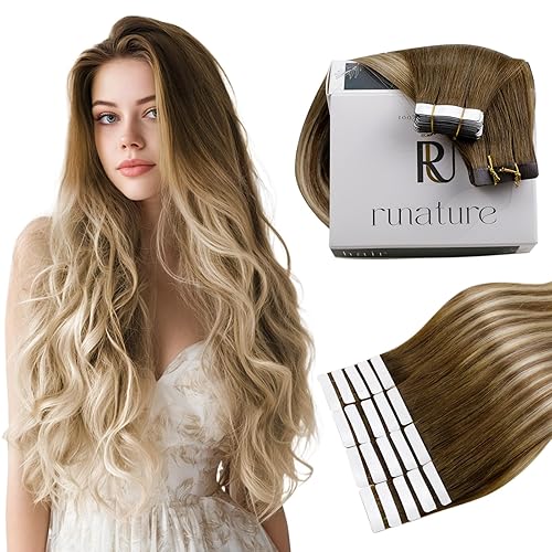 RUNATURE Extensiones de cabello humano Remy con cinta adhesiva, balayage, color marrón nogal degradado a marrón ceniza con rubio claro, extensiones