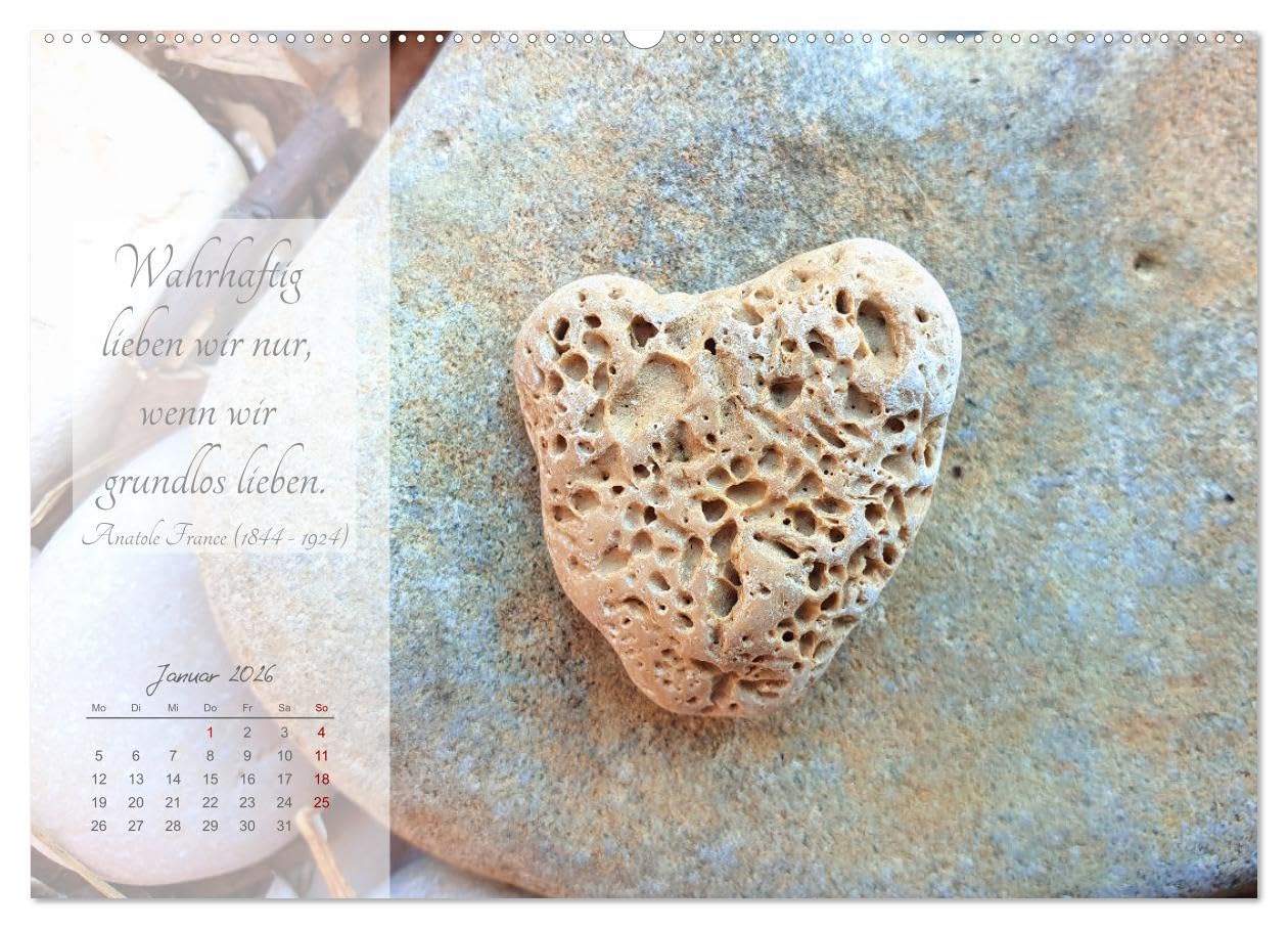 Randvoll mit Liebe (Wandkalender 2026 DIN A2 quer), CALVENDO Monatskalender: Steine in der Form von Herzen untermalt mit Zitaten über die Liebe (CALVENDO Kunst)