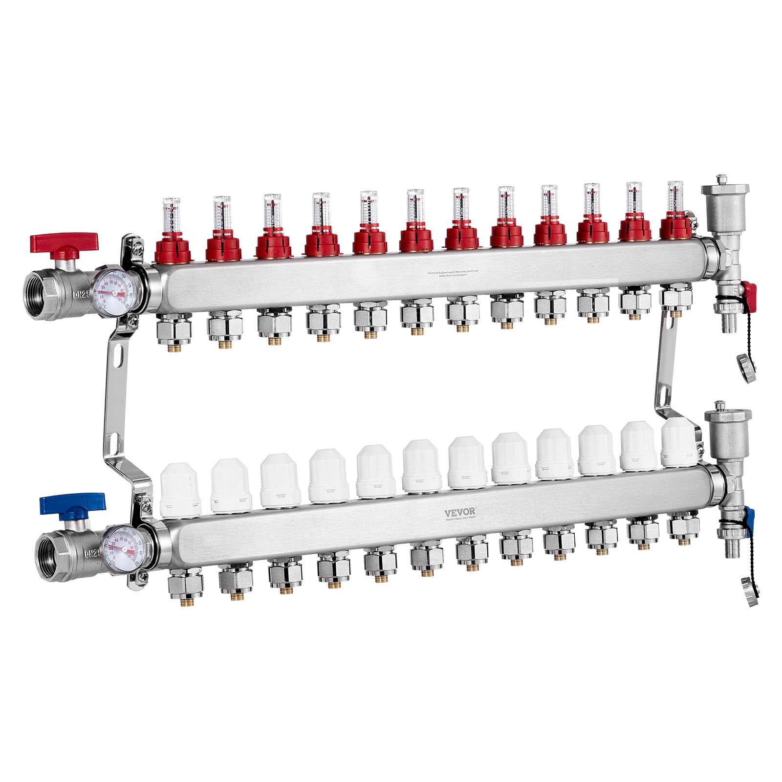 VEVOR Colector de Calor Radiante de 12 Derivaciones, Colector de Tubería PEX de Acero Inoxidable SUS304 para Calefacción por Suelo Radiante Hidrónico, con Adaptadores, 780 x 370 x 110 mm, 0-5 L/min