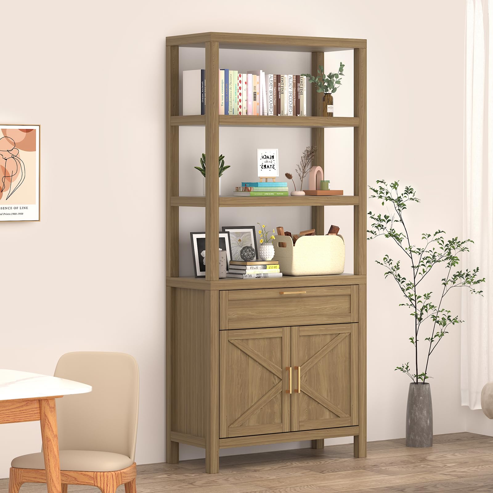 71" Bookshelf and Bookcase, Tall Bookcase Farmhouse Cabinet with Adjustable Shelves, Bookshelves for Bedroom, Living Room and Home Office