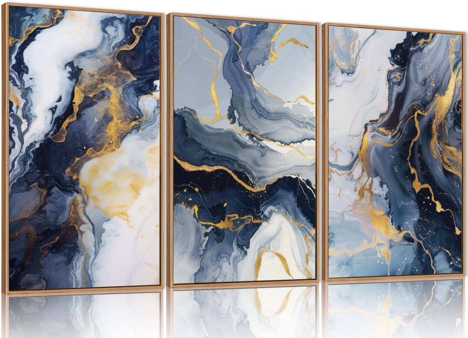 Celestdeco Blue and Gold Framed Canvas Wall Art Set, Mid