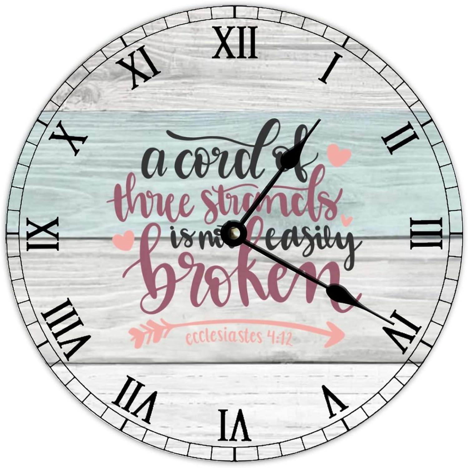 A Cord of 3 Strands is Not Easily Broken Wall Clock Bible Verse Arrow Wooden Decorative 12 Inch Round Silent Non-Ticking Clock Battery Operated Wall Clocks Easy to Read for Kitchen Living Room Works