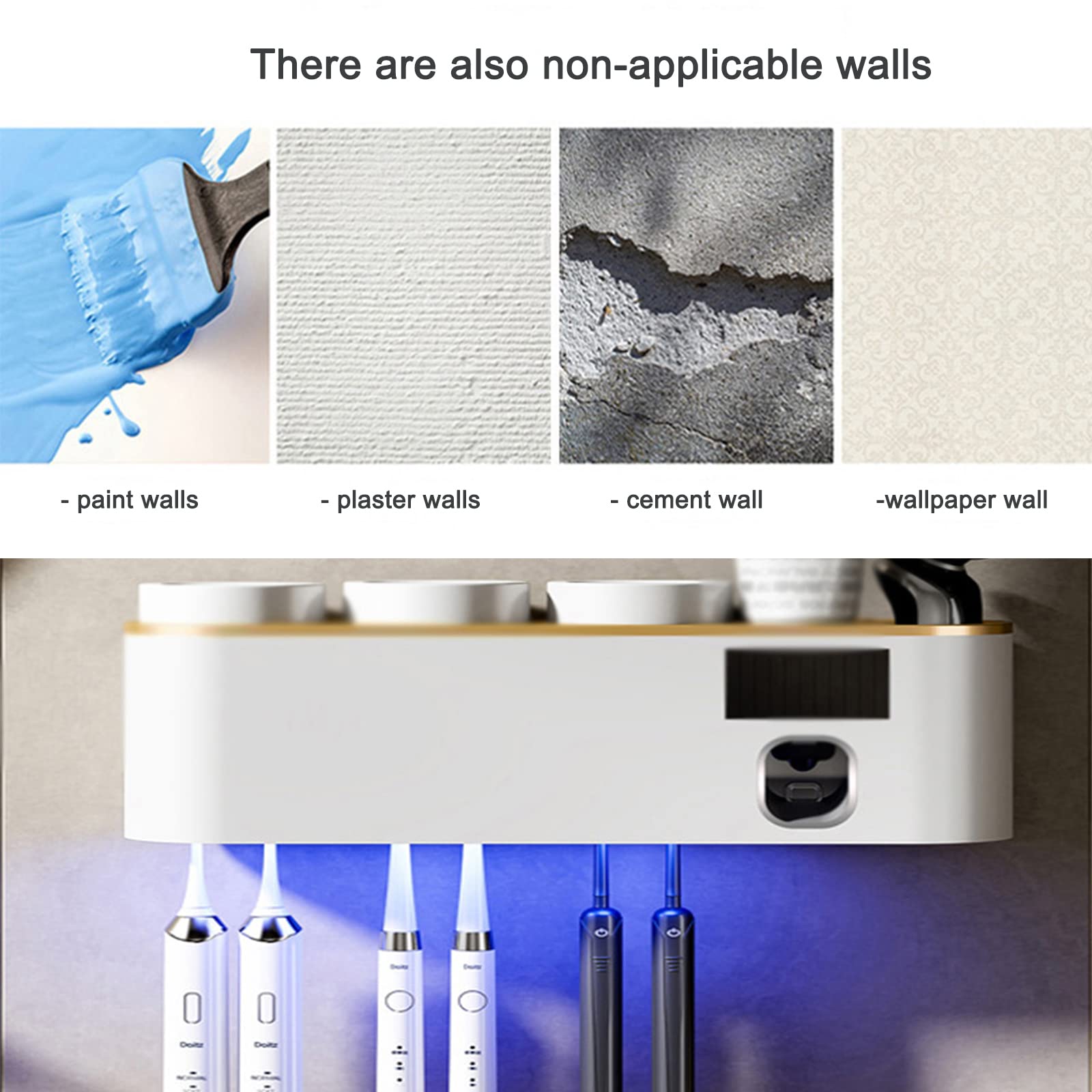 Soporte de pared para esterilizador de cepillo de dientes, organizador USB recargable con dispensador de pasta de dientes para baño familiar