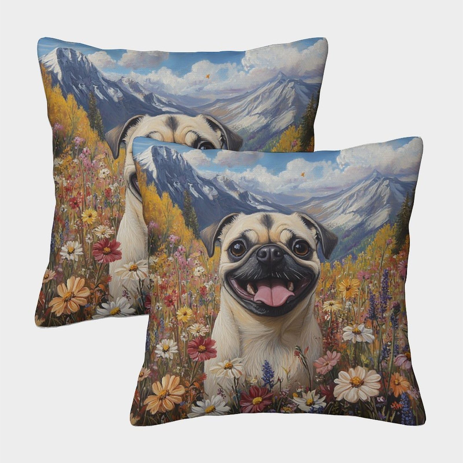 kaiyun 2 Pack Smiling Pug,Flower Fields in The Alps Pillowcase 50x50cm, Cushion Cover,3D Digital Printing Bed Sofa Decorative