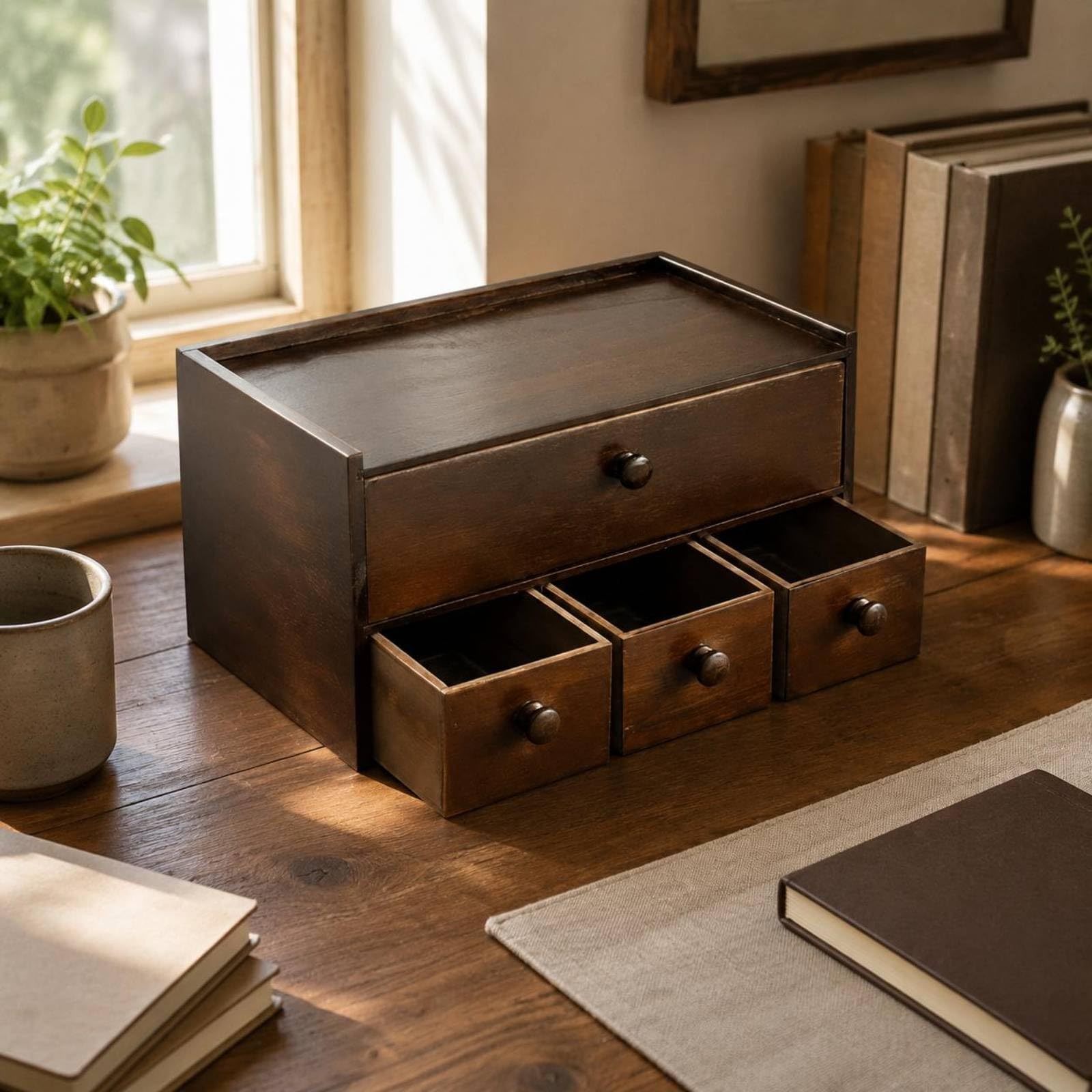 predolo Cassettiera da Scrivania in Legno Ripiano Superiore Piatto Organizzatore con Cassetti in Legno Fatto a Mano per Ufficio, Legno Naturale, Scatola Da Tè A 4 Cassetti