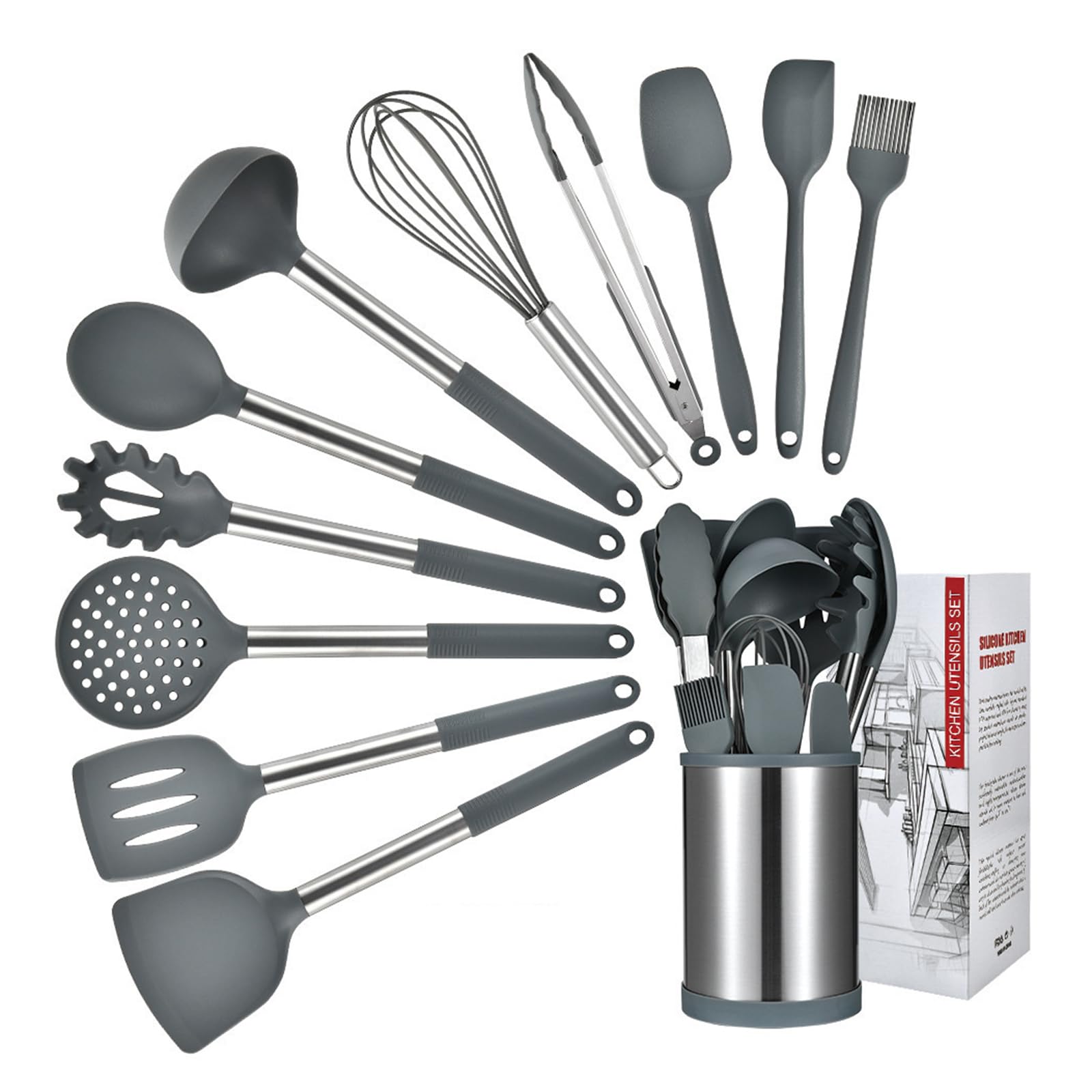 Generisch Kochutensilien Set, 12-teilig, Silikon und Edelstahl, hitzebeständig, spülmaschinenfest, inklusive Utensilienhalter, antihaft Kochen