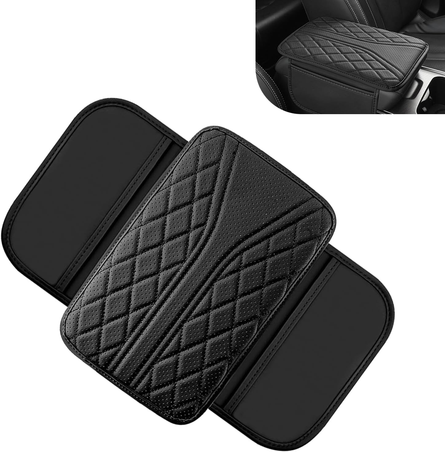 QIZUN Car Armrest Cushion for BAIC Beijing BJ30 2024, Extra Wide Center Console Cover with Side Storage Pockets, Leather Armrest Pad for Long Trips,Black