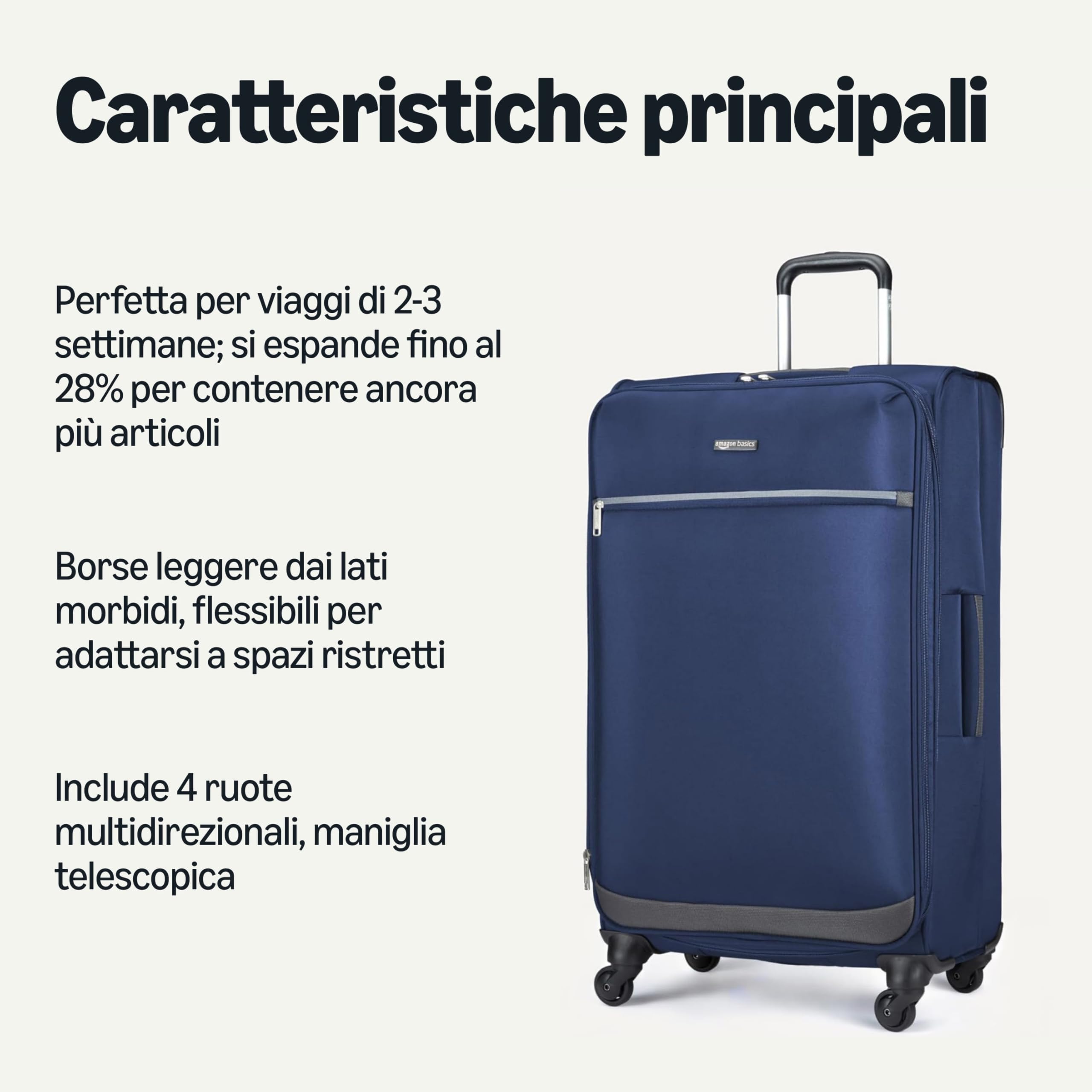 Amazon Basics Valigia Morbida Grande (76 cm), Con 4 Ruote Girevoli Multidirezionali 360°, Espandibile, Tasca con Cerniera e Cinghie, Manico Telescopico, Blu Navy