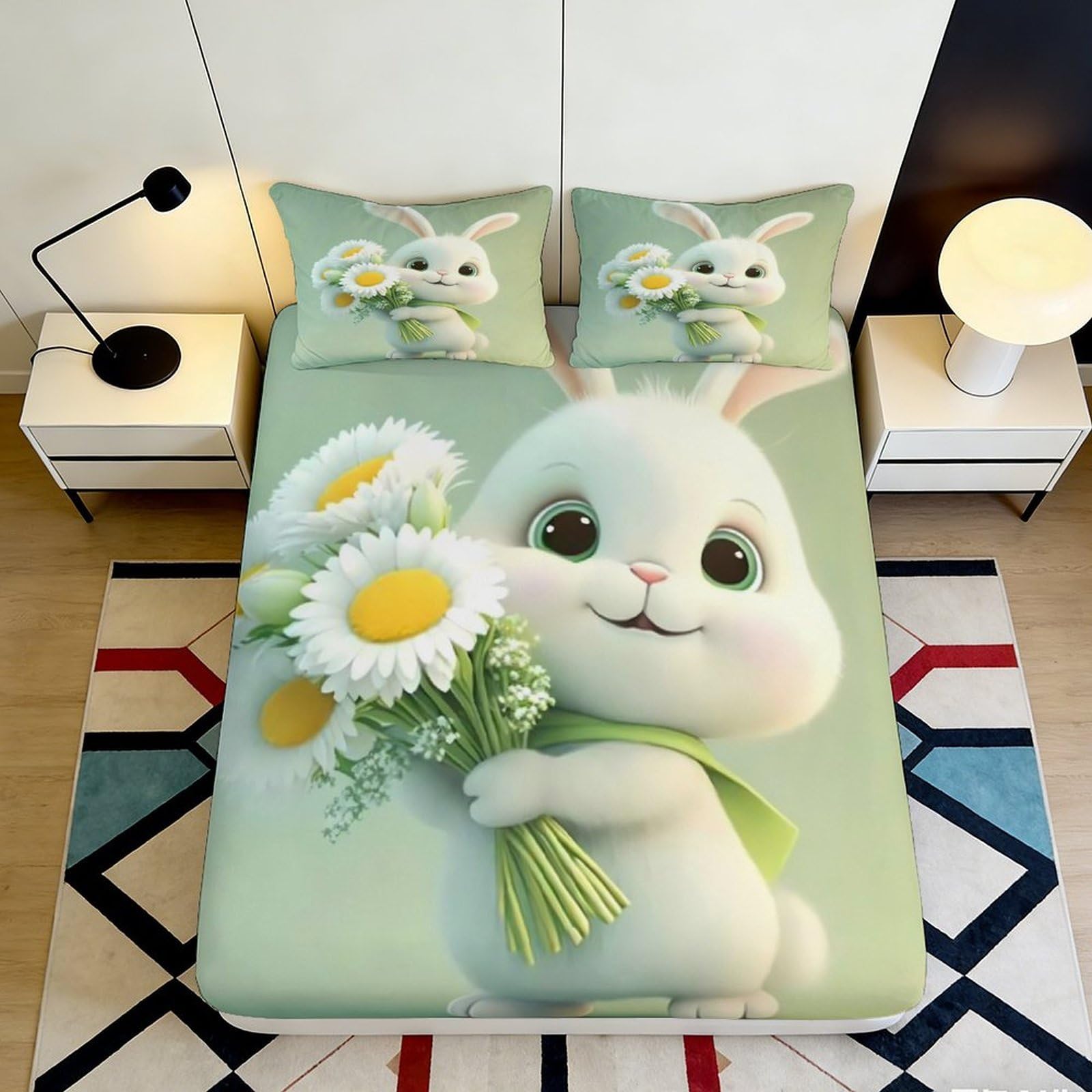 3D Printed Cute Bunny Fitted Sheet Microfiber Soft Green Daisy Mattress Cover for Bedroom Dorm Easy Care Decor 90x200x25cm
