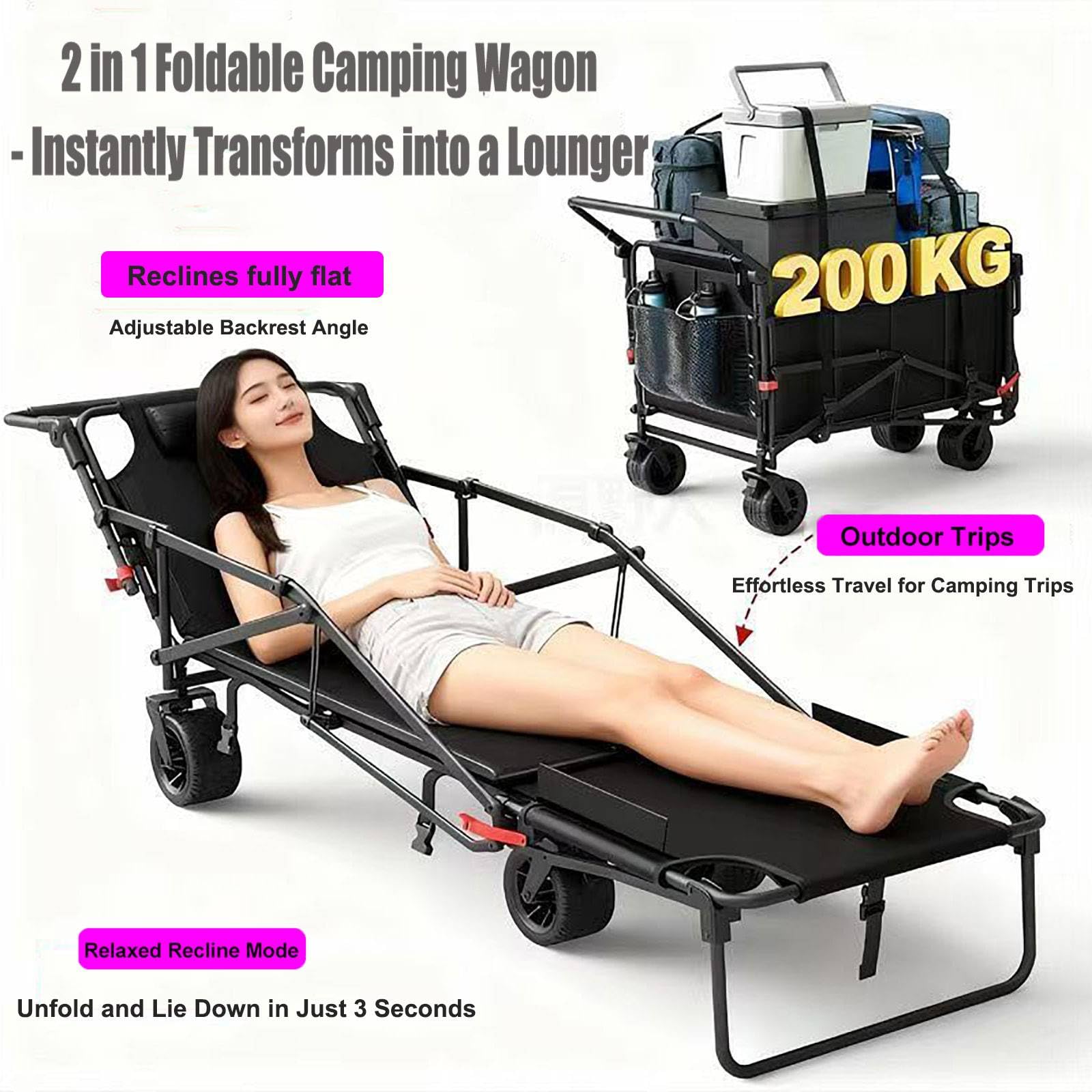 Carrello Pieghevole 2-in-1 & Lettino Solare, Carretto Spiaggia Portatile con Ruote A Tutti I Terreni - per Campeggio, Festival, Shopping, Giardino E Picnic, capacità Max 150kg