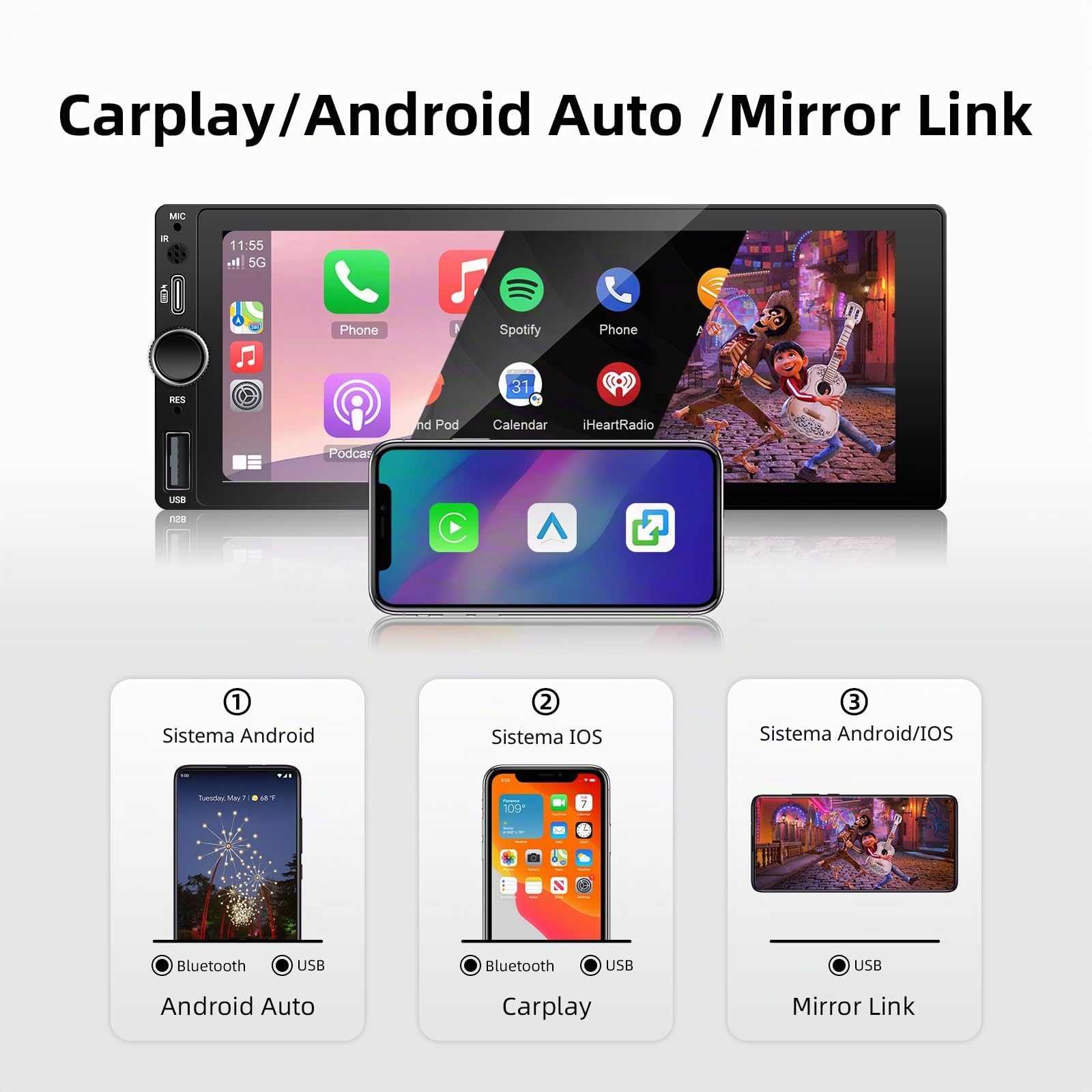 Autoradio 1 Din 6.86 Pollici con CarPlay e Android Auto Wireless Bluetooth | Schermo IPS MP5 fotocamera posteriore radio FM AM USB-C ricarica rapida e controllo volante per guida quotidiana