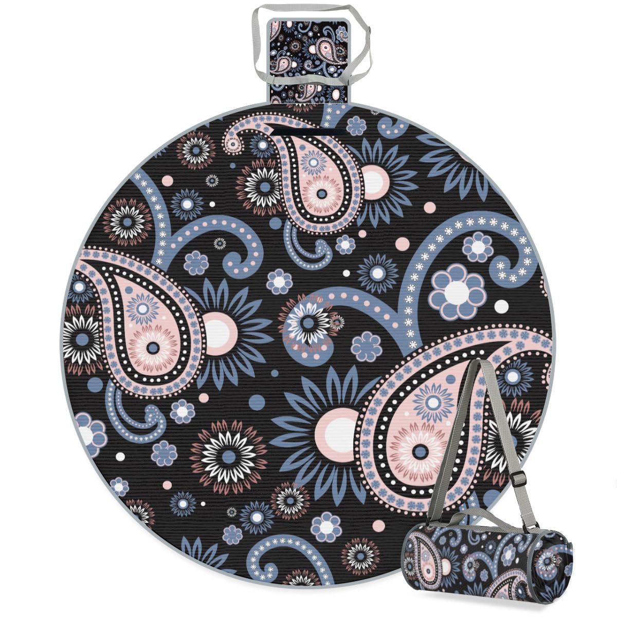 Shimoshe Ethnic Paisley Pattern Picnic Outdoor Blanket Foldable Waterproof Sandproof Beach Blanket Portable Water-Resistant Round Picnic Mat for Travel Camping Park Lawn