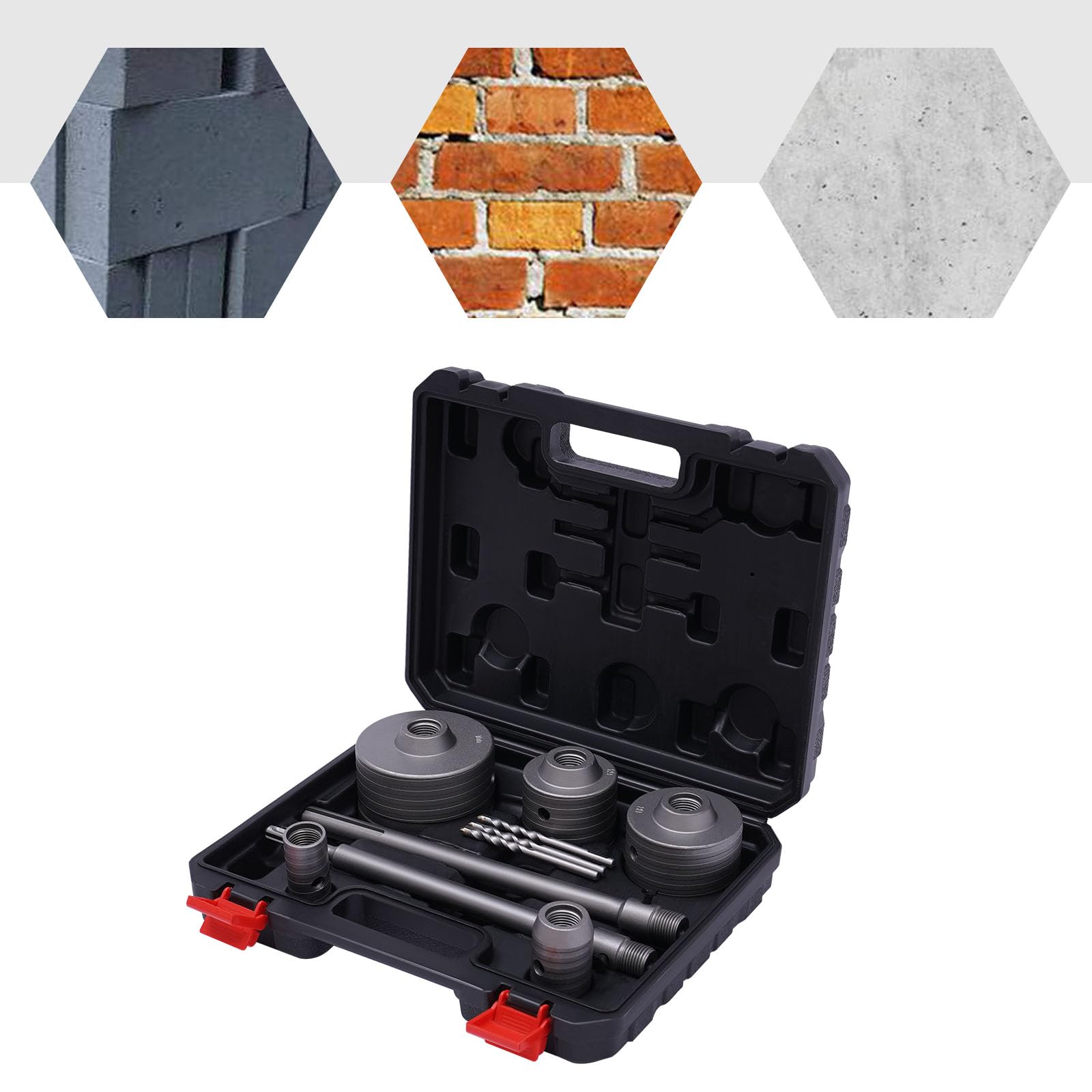 Set di 9 corone per calcestruzzo, set di punte per calcestruzzo, con a tazza da 30/40/68/80/100 mm, punte di centraggio, attacco SDS-Plus/Max 300 mm