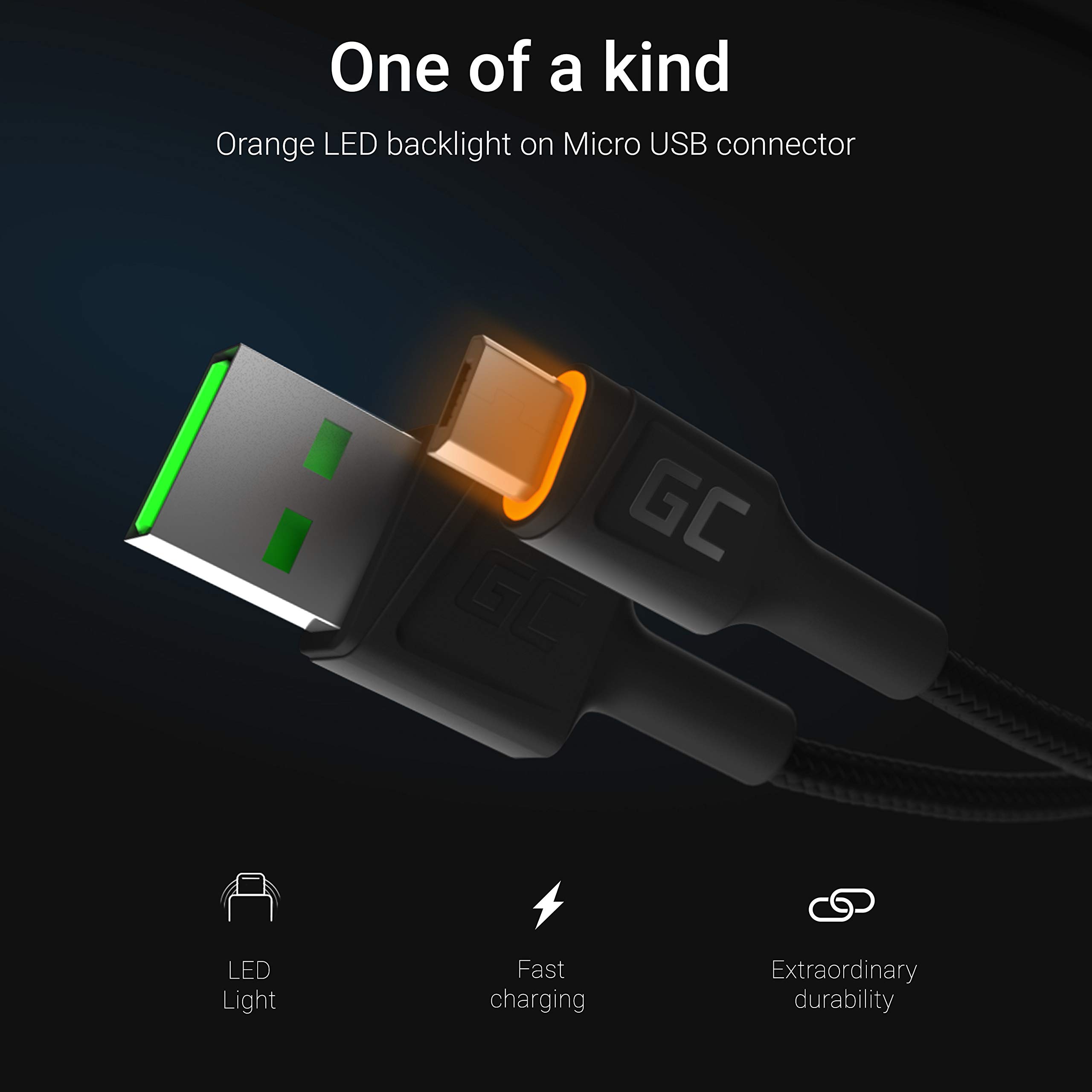 GC Ray LED | 2m Micro USB Oplot nylonowy Kabel Przewód High Speed Data&Sync z Szybkie Ładowanie Quick Charge 3.0 do Samsung, Xiaomi, Huawei, Nexus, LG, Motorola, Smartfonów z Androidem i innych