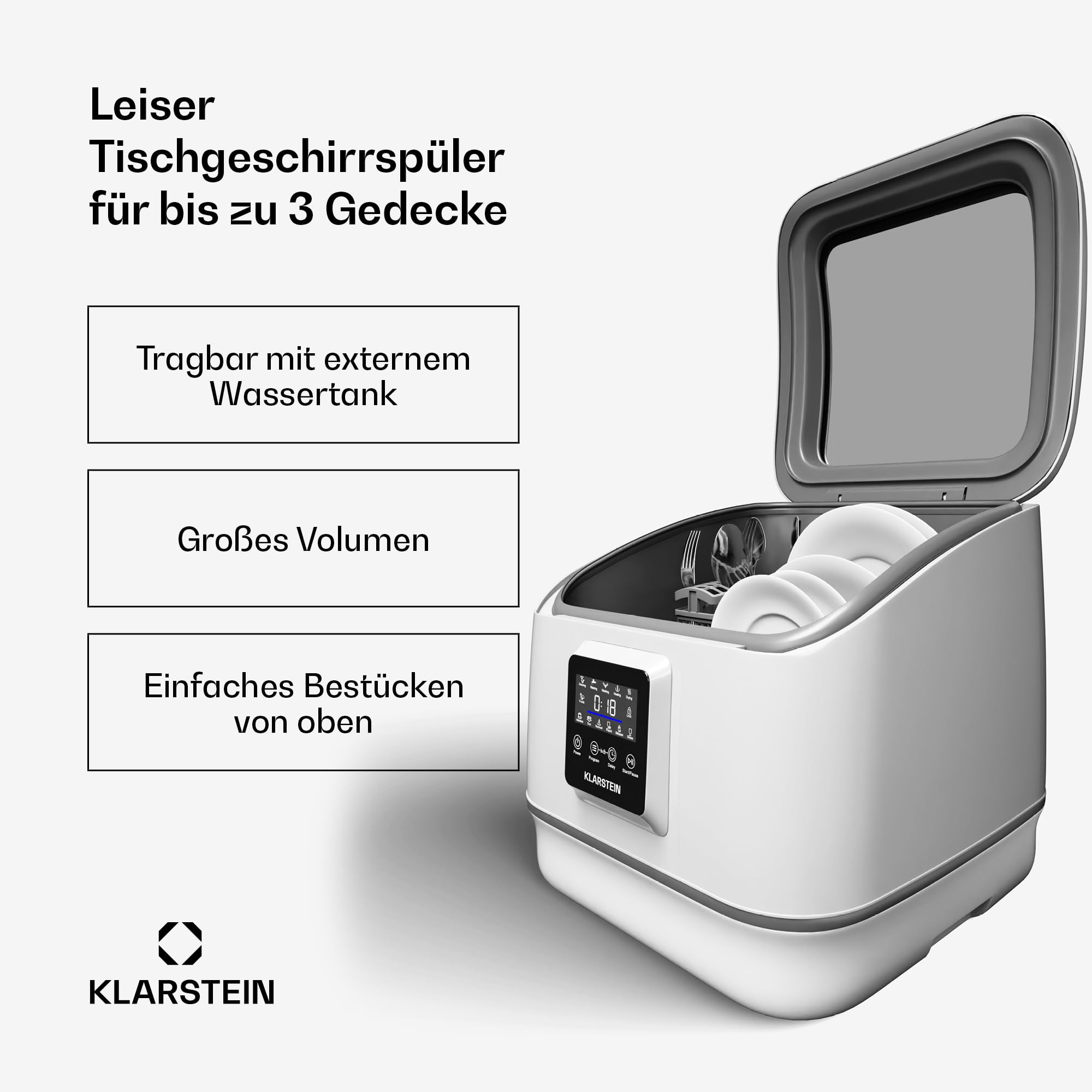 Klarstein SilentScrub Tischgeschirrspüler - kompakte & tragbare Tischspülmaschine für 3 Gedecke, 7 Programme & digitaler Touchscreen - leiser Betrieb bei 55 dB
