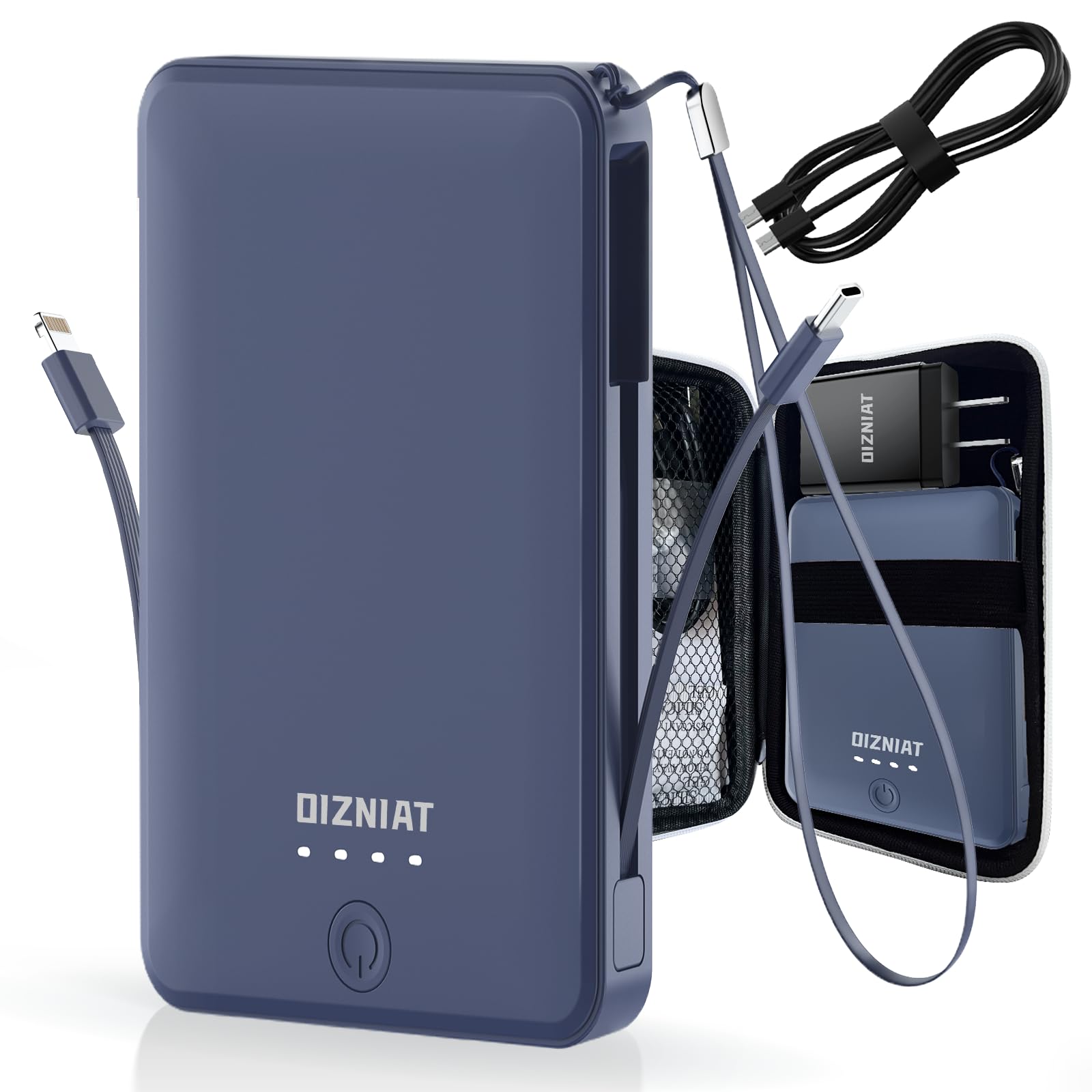 OIZNIAT Power Bank Portable Charger 10000mAh Ultra Slim PD 22.5W Fast Charging with Built in USB C and ?Lightning Cable 4 Outputs Power Bank for iPhone 11/12/13/14/15/16 Android-Blue