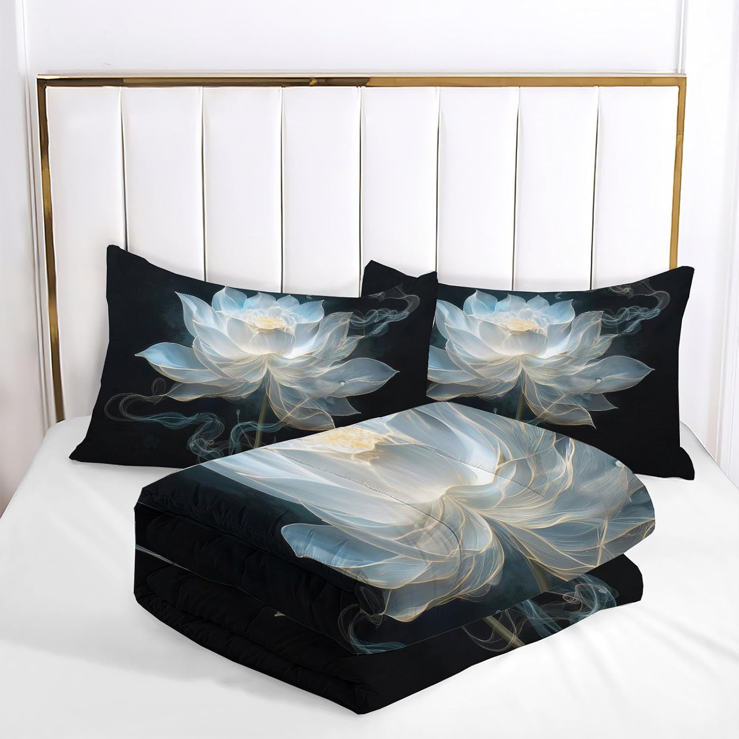Dreamy Zen Quilt Set Twin 3 Pieces, White Quilts Bedding Set Glowing Lotus Bedspread Bed Cover Lightweight Spring Summer Beds Coverlet for All Season - 68"X90"