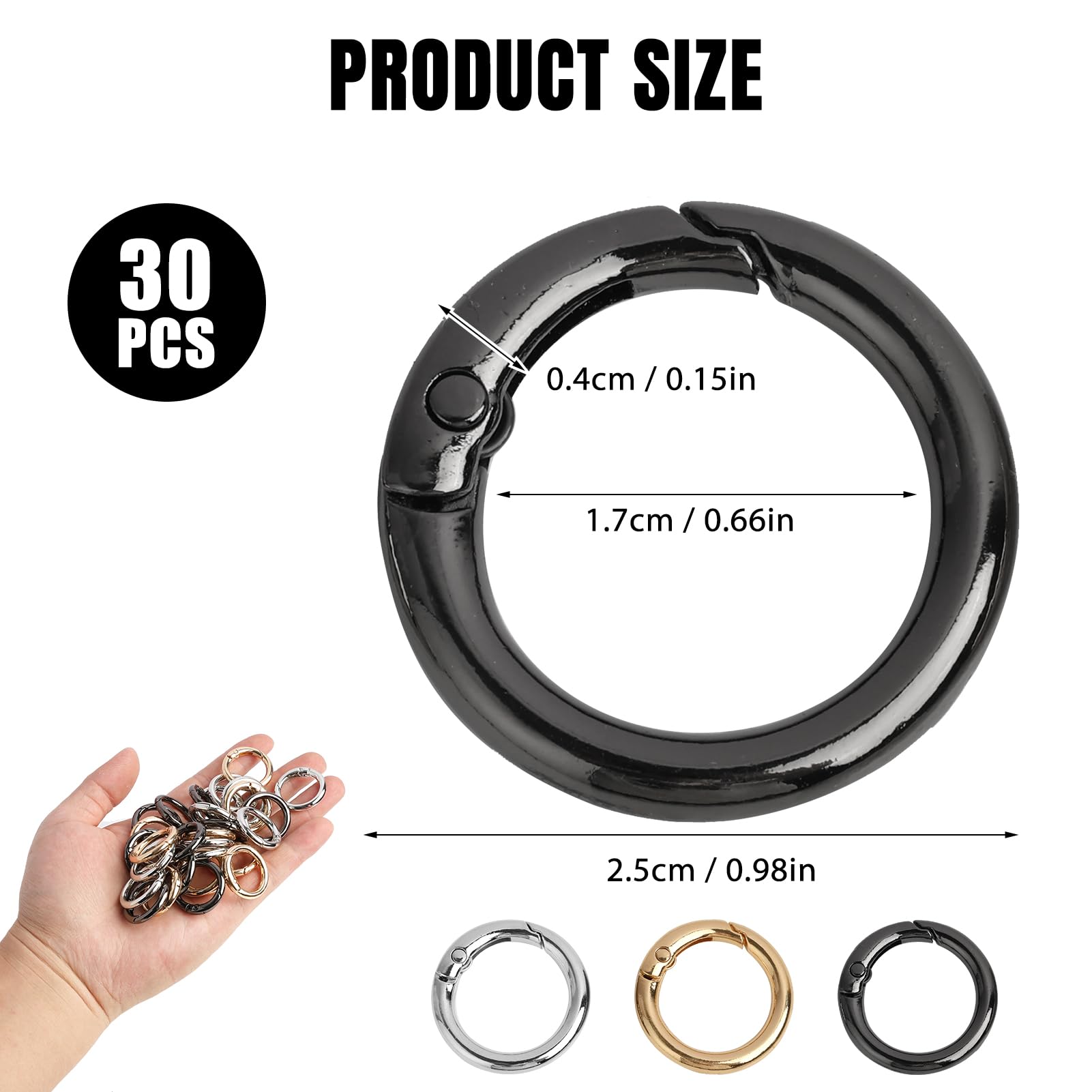 30 PCS Moschettoni per Borse, Anelli a Molla Rotondi da 28mm in Lega di Zinco, Oro/Argento/Nero, Anilla Llavero, Moschettoni per Borse e Portachiavi, Accessori per Gioielli Fai da Te e Artigianato