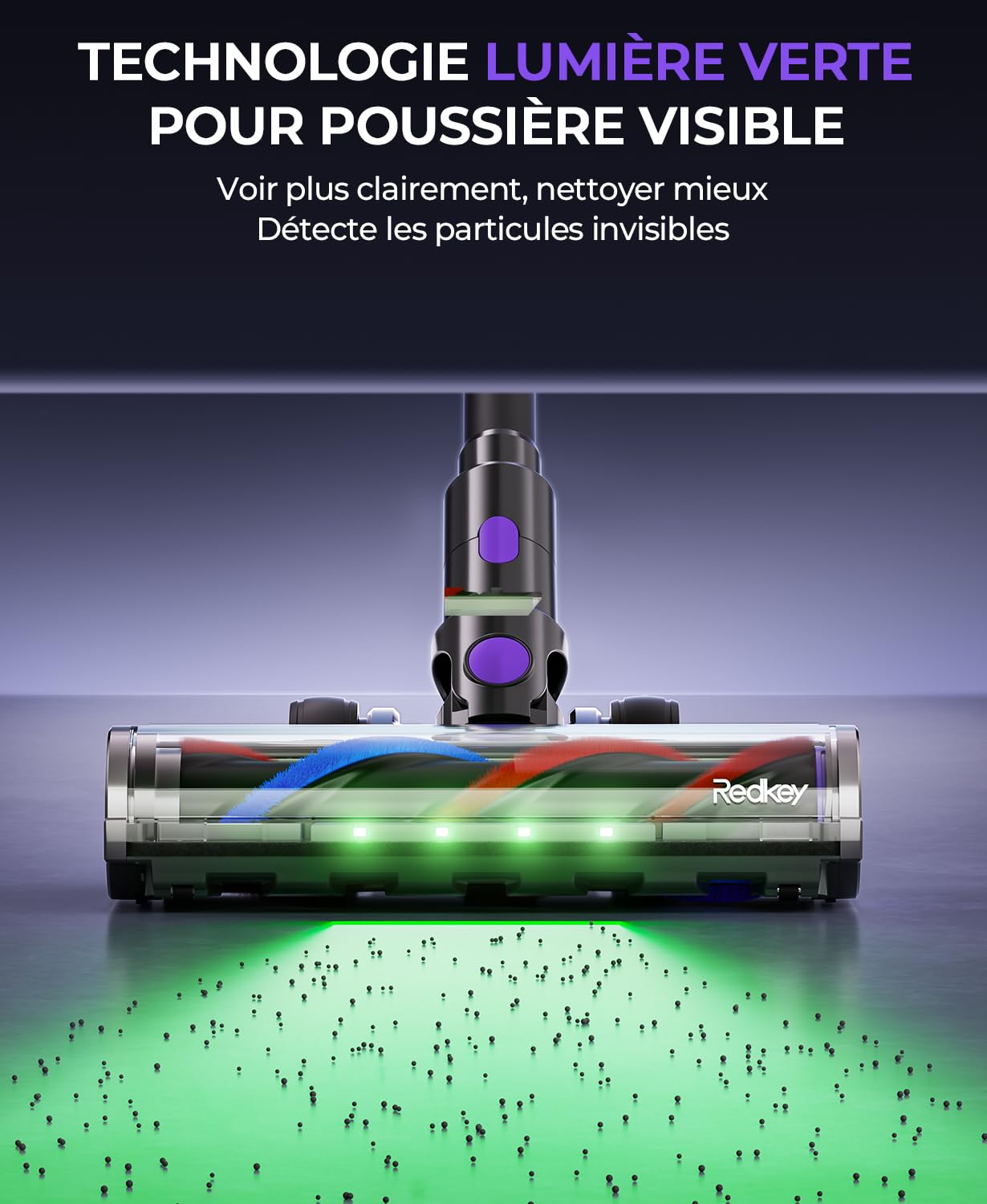 Aspirateur Balai sans Fil Puissant, 55KPA/580W/70Min Aspirateur sans Fil avec Affichage Intelligent et Anti-Enroulement, Lumière LED Verte, Aspirateur Puissant pour Sols/Tapis/Poils d'animaux