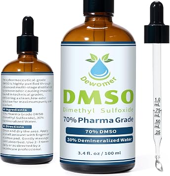 DMSO Liquid 70% with Demineralized Water 30%, Dimethyl Sulfoxide for Joint & Muscle, Low Odor, Fast Absorbing, 3.4 fl oz Glass Dropper Bottle