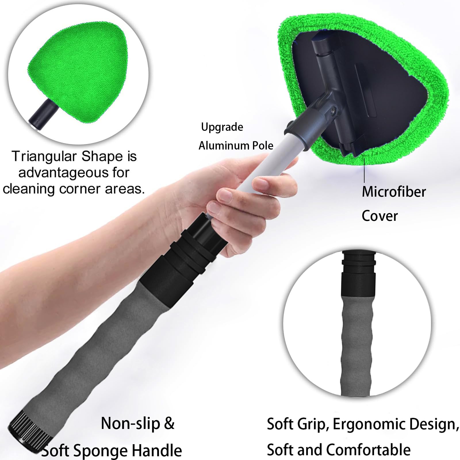 Desin Windshield Cleaning Tool, Car Window Cleaner Windshield Cleaner with 4 Reusable and Washable Microfiber Pads and Extendable Handle Auto Inside Glass Wiper Kit (Green)