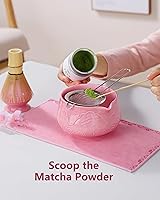 Vista 3 de ZENS Matcha Whisk Set, 6pcs Matcha Set Pink Includes 15oz Ceramic Bowl and Bamboo Whisk (Chasen Holder) Scoop, 304 Sifter & Pink Tea Mat, Japanesse