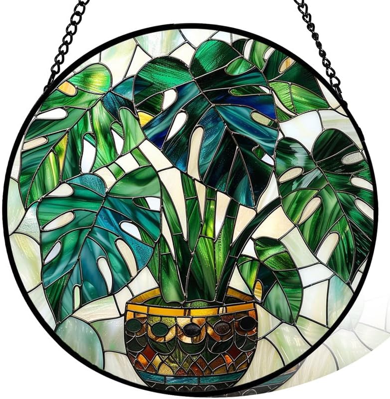 9.8in Stained Glass Window Hanging， Monstera Plant in Pot Sun Catchers Indoor Window， core Decor Inside and Outside The Cottage， Gifts for Women