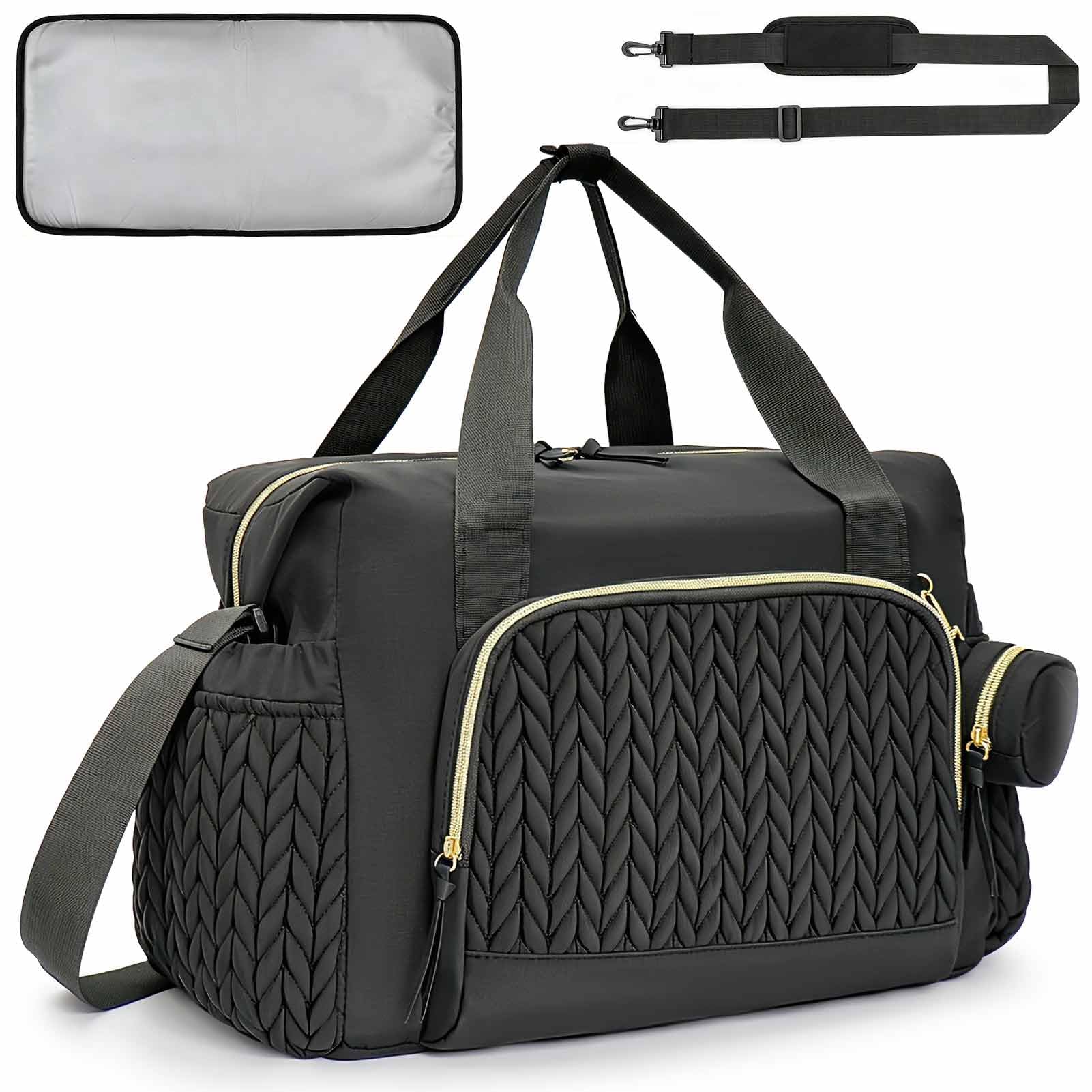 Photo 1 of QualfsTerric Diaper Bag, Large Capacity Multifunctional Tote with Quilted Design, Pacifier Case, Waterproof for Maternity, Travel (Black)