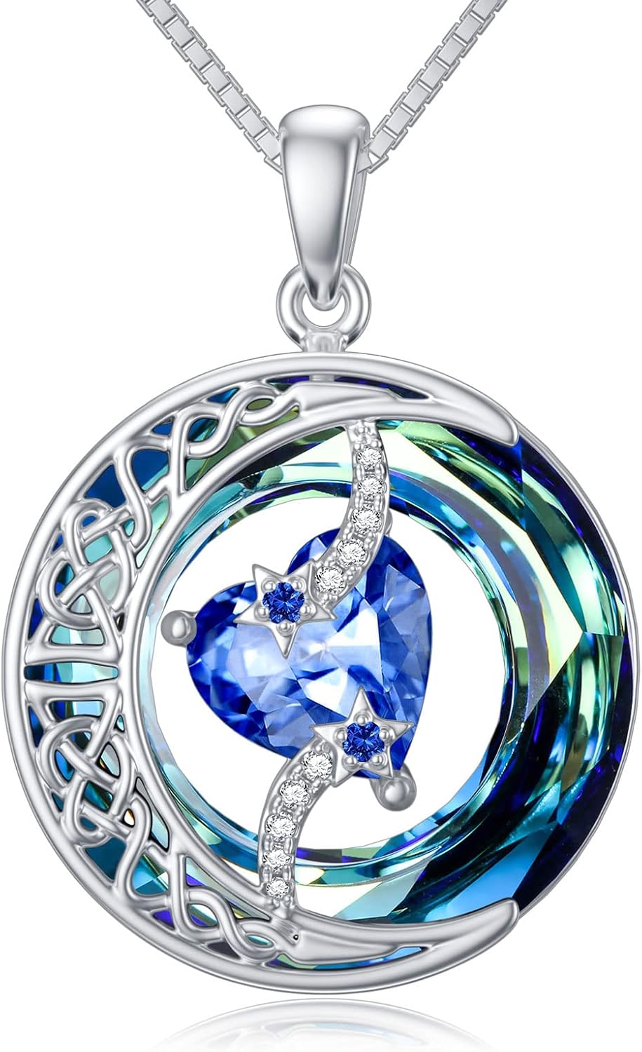 TOUPOP Birthstone Necklace 925 Sterling Silver Moon and Star Pendant with Blue Crystal Celtic Moon Jewelry Valentines Day Birthday Gifts for Women Mom Wife Her