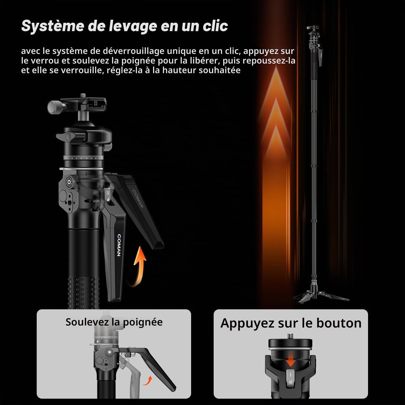COMAN Monopode en Fibre de Carbone One-Touch est Un Monopode Léger pour Caméra de Voyage,Dispose de Pieds Inclinables avec Coque en Forme de U,tête Sphérique Capacité Maximale : 5kg