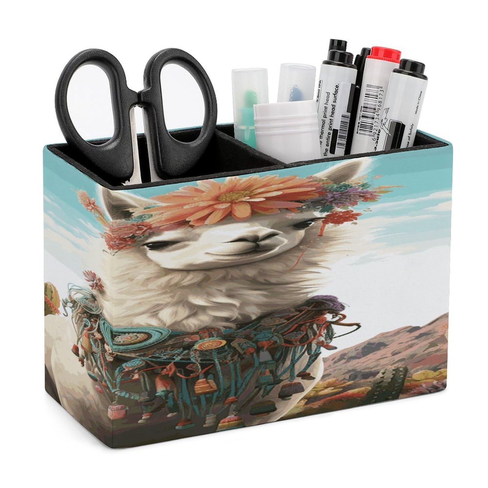 LDGSUPH Mexican Llama Cactus Leather Pen Holder for Desk Organizer Caddy Large Pencil Cup Multi-function Pencil Holder Makeup Brush Holders Pen Organizer for Home Office Storage Box