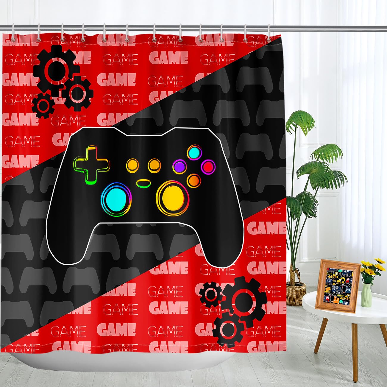Kossmjx Boys Gaming Shower Curtain Set - Red Gamer Shower Curtains Set for Kids Bathroom Set Modern Video Games Bathroom Sets Accessories with 12