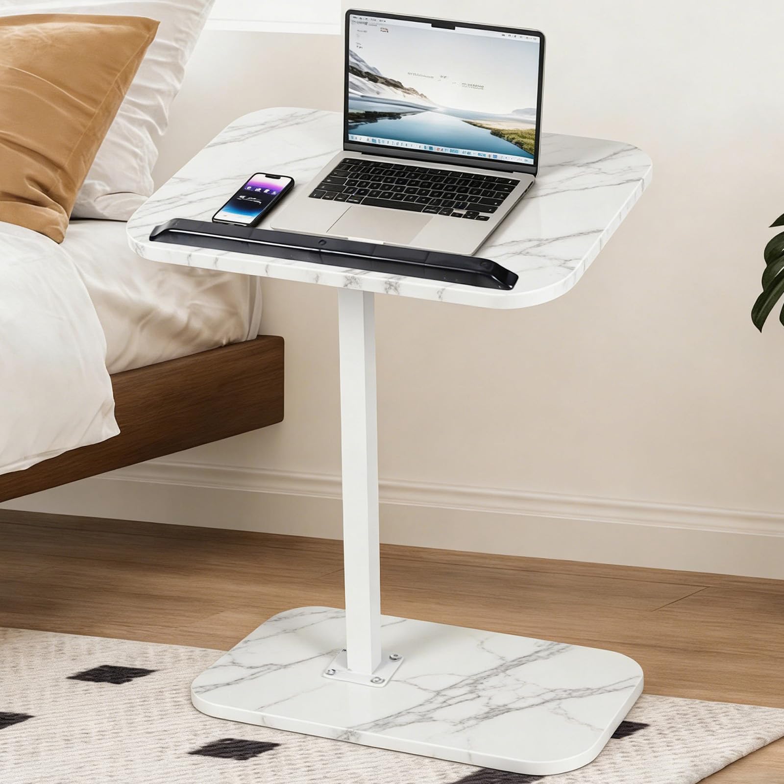Pinkgarden End Table, Sofa Couch Arm Table TV Tray, Adjustable Side Table with 360° Rotating Tilting Top, Height Adjustable Bedside Laptop Snack Table for Living Room Bedroom (White Marble)