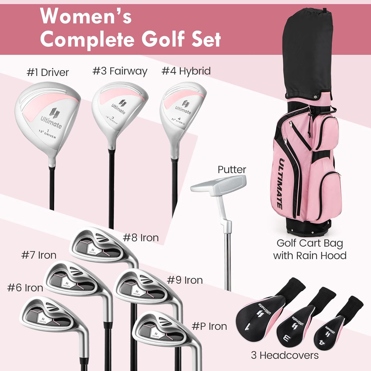 GYMAX Complete Golf Club Set for Women, 12/14 PCS Right Hand Golf Set Includes #1 Driver & #3 Fairway & #4 Hybrid & #6/#7/#8/#9/#P Irons, Putter & Head Covers, Ladies Golf Clubs Full Set