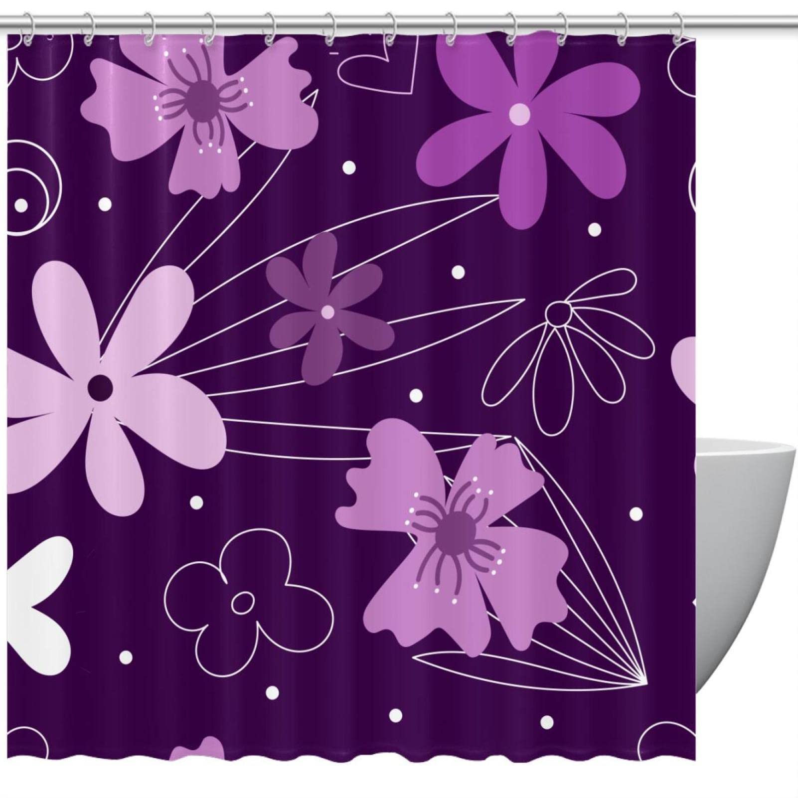 Rideau de douche violet motif floral abstrait avec 12 crochets inclus 183x183 cm