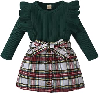 Noubeau Toddler Baby Girls Plaid Outfits Knit Ribbed Sweatshirt Shirt Tops Red Plaid Belt Skirt Fall Winter Clothes
