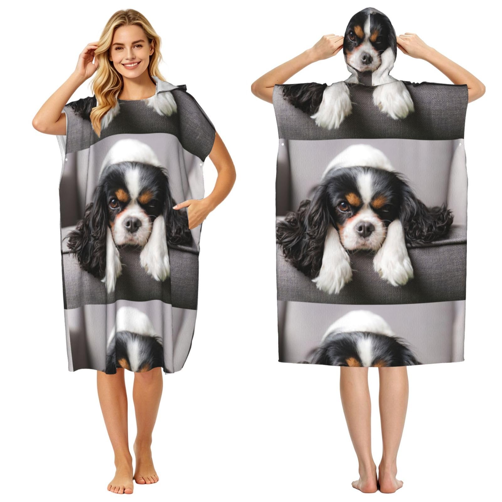 Poadnly Cavalier King Charles Spaniel Dog, Adult Hooded Beach Towel 90 x 110 cm,Changing Bath Robe, Surf Poncho Towel For Women Men