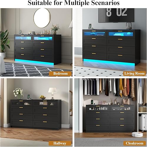 Miniatura 8 de Cómoda con 8 cajones con estación de carga, cómoda blanca para dormitorio con luces LED, cómoda moderna para armario, organizador de cómodas dobles
